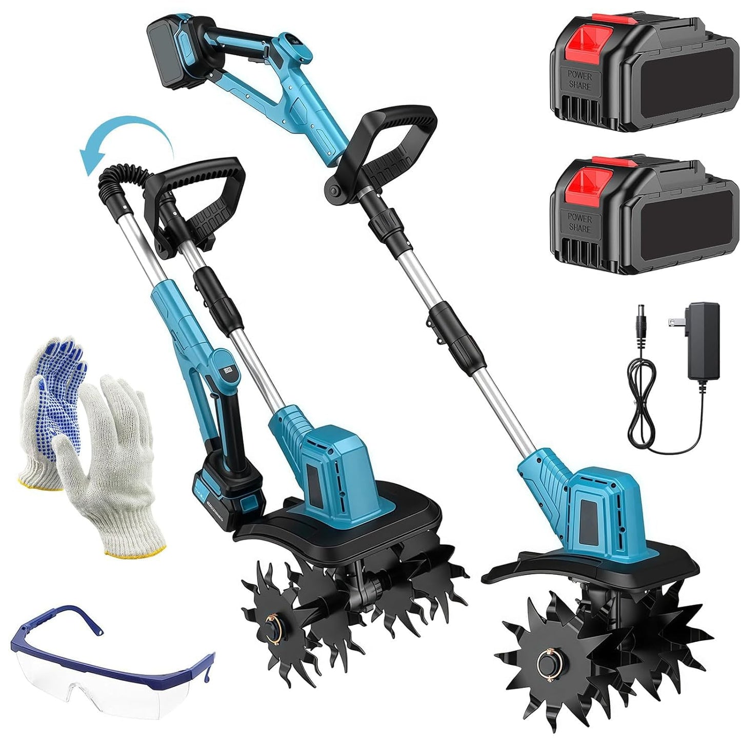 21V Cordless Tiller Cultivator, 300RPM Electric Garden Tiller, 2×4.0AH Batteries & Fast Charger Lightweight Rototiller 12" Width, 8" Depth for Lawn/Soil/Plowing/Weeding/Farm