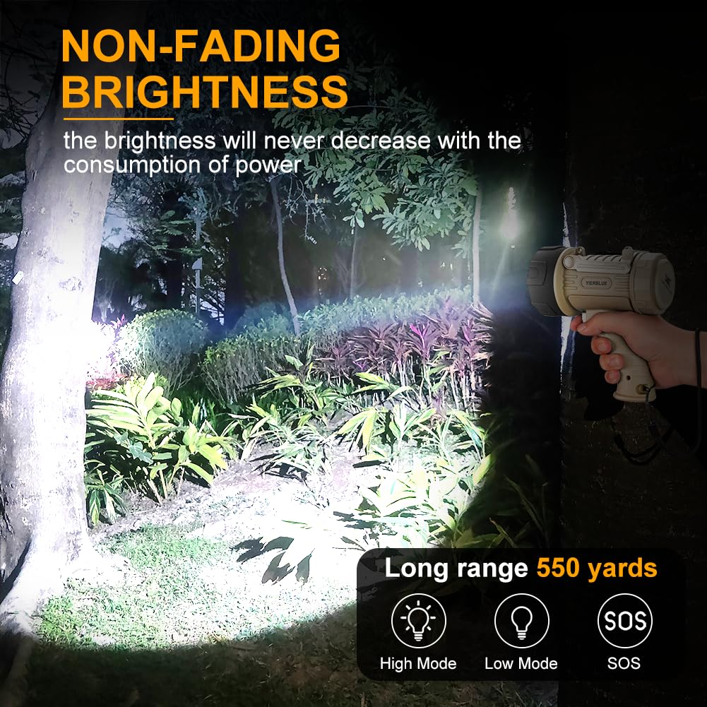 YIERBLUE Rechargeable Spotlight Flashlight with 2000000 High Lumen LED, IP67 Waterproof Long Running Spot Light searchlight, Impact Resistant Handheld Spotlight with Foldable Stand and Red Lens