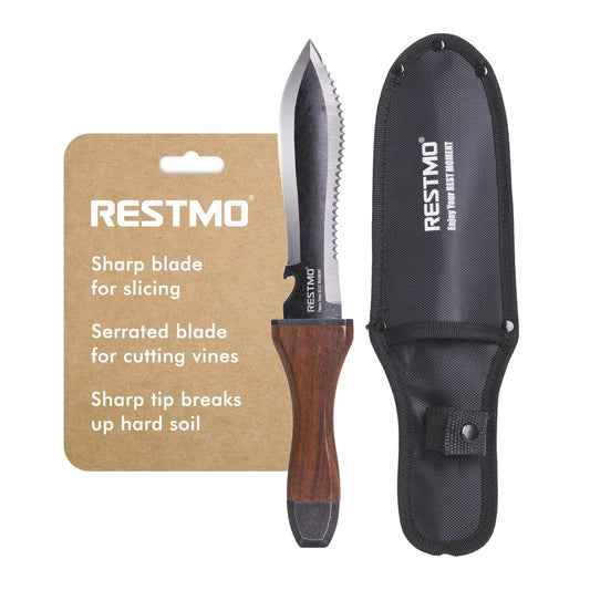 Restmo Hori Hori Garden Knife with Sheath, Durable Weeding and Planting Tool, High-Strength Stainless Steel Dual-Edge Blade, Ergonomic Walnut Handle for Gardening and Outdoor Use