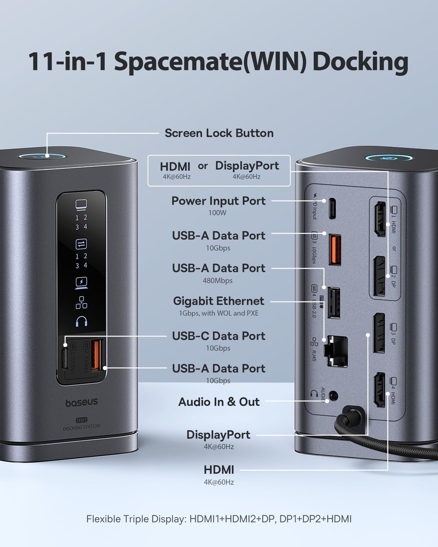 Baseus Spacemate Docking Station, 11-in-1 USB-C Dock for Windows Laptop, Triple Display with 4K HDMI & DP, 10Gbps USB-C & USB-A, Ethernet, Audio, 100W PD Charging for Dell HP Lenovo Acer and More