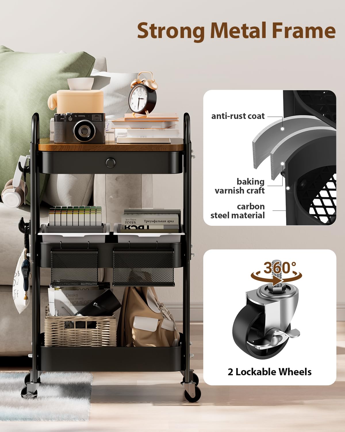 ALVOROG Rolling Cart with Drawer and Wood Table Top, 3 Tier Metal Rolling Utility Cart on Wheels with DIY Pegboards, Hanging Baskets, Hooks for Bedroom,Office,Craft Supplies (Black)