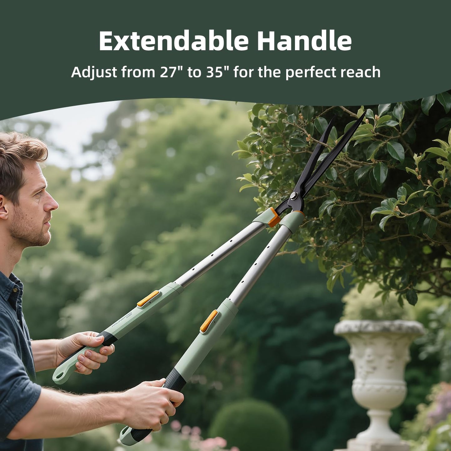 PrunePro Extendable Hedge Shears (27"-35") Wavy Stainless Steel Blades | Teflon Coated for Smooth Cuts | Lightweight Adjustable Garden Clippers for High Hedges & Bushes