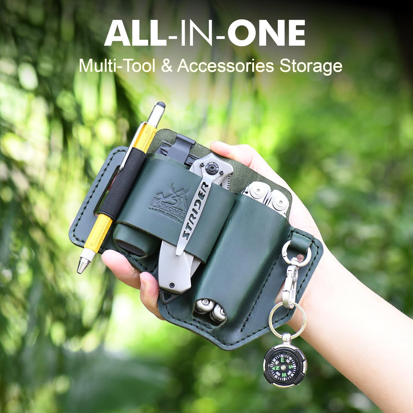 FLYHOMES Genuine Leather Multitool Sheath | Handmade Stitched Belt Organizer for Leatherman Surge | Holds Bit Kit & Extender | Flashlight Holster, Pen & EDC Tools Pouch | Dark Green