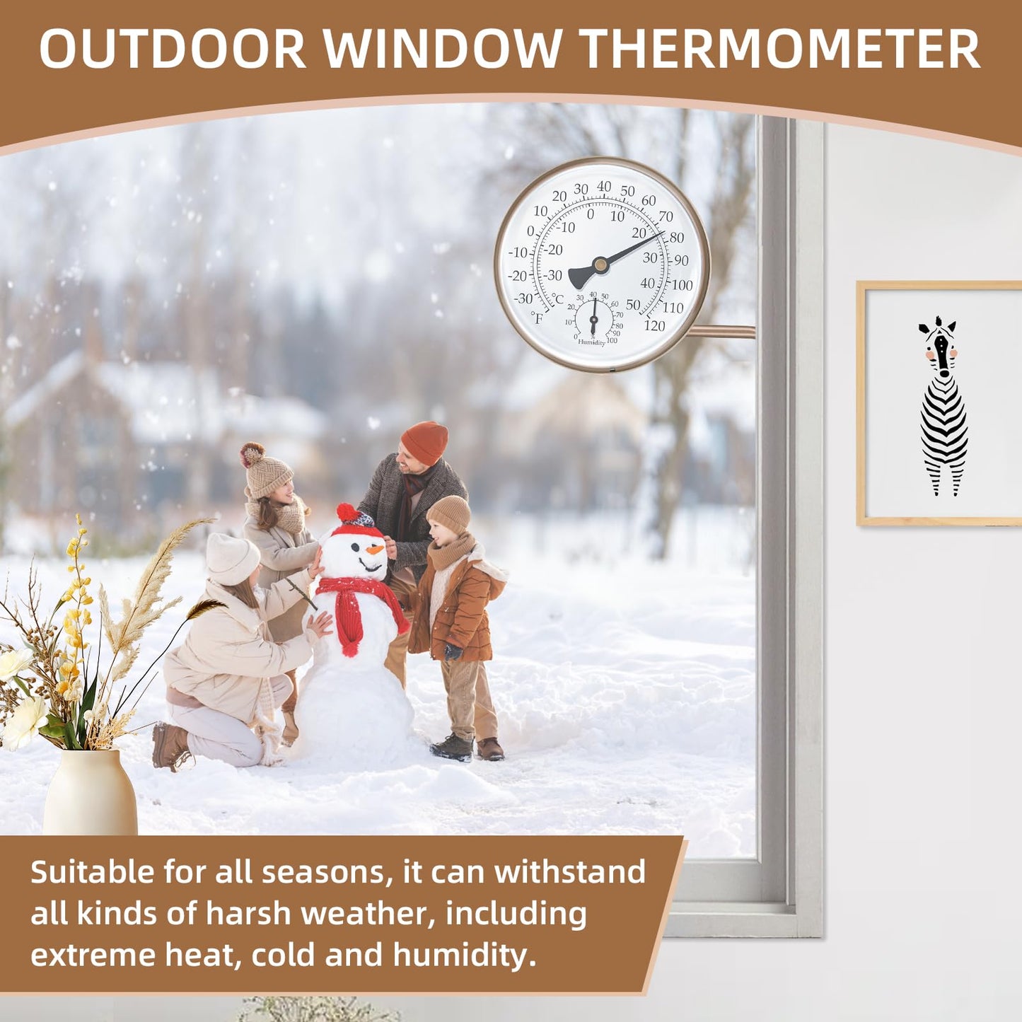 4 Inch Brass Outdoor Thermometer, Outside Decorative Thermometer for Patio, Window, Greenhouse, Garage, Brass Swivel Temperature Gauge with Humidity, Analog Temperature Gauge