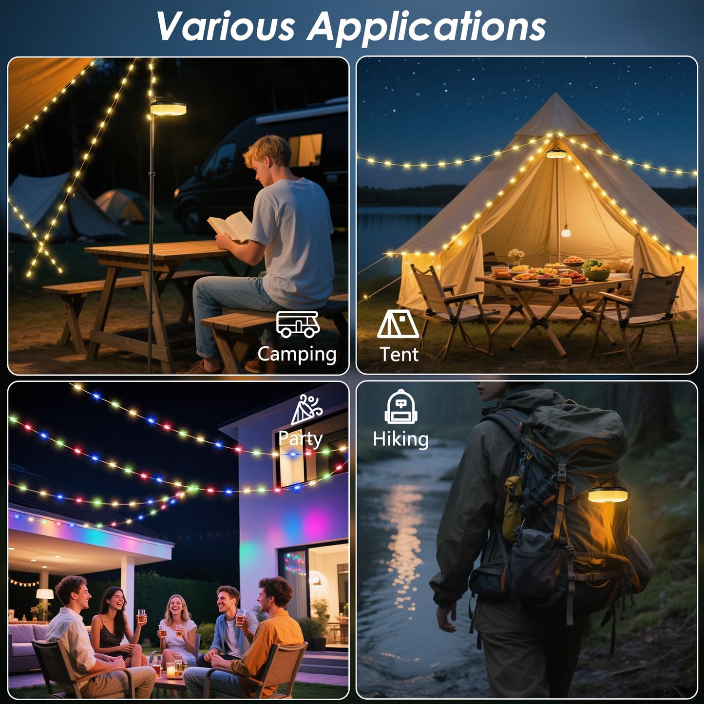 2Pack Camping String Lights, 4-in-1 Quick Storage Camp Light, 8Mode 32.8FT Hanging Tent Lights, Rechargeable Camp Lamp As Camping Essentials Gear, Waterproof LED Lantern for Hiking Travel Patio Party