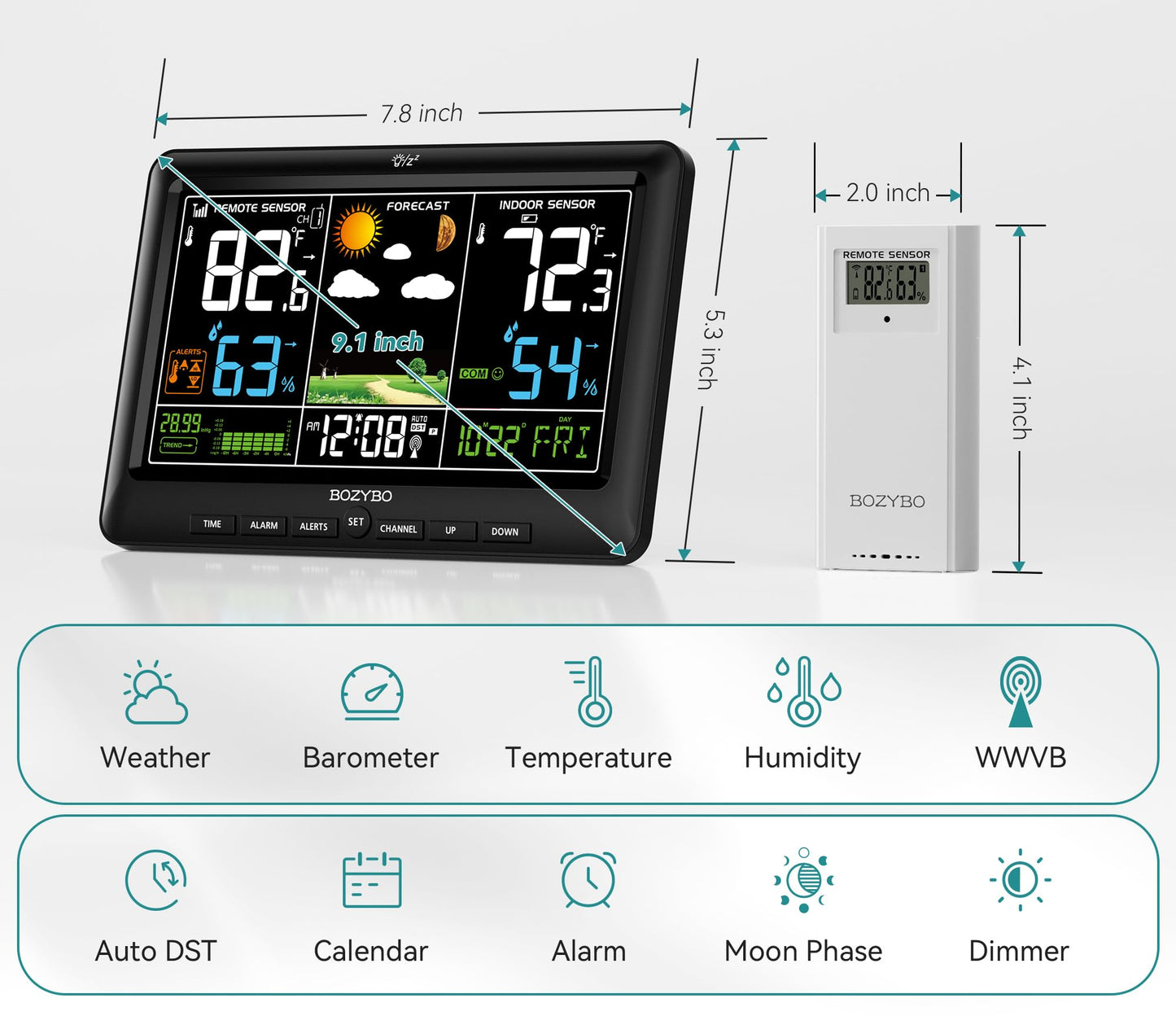 Weather Station Wireless Indoor Outdoor Thermometer: BOZYBO Digital Atomic Clock with Indoor/Outdoor Temp, Temperature Gauge Weather Clock with Calendar and Adjustable Backlight