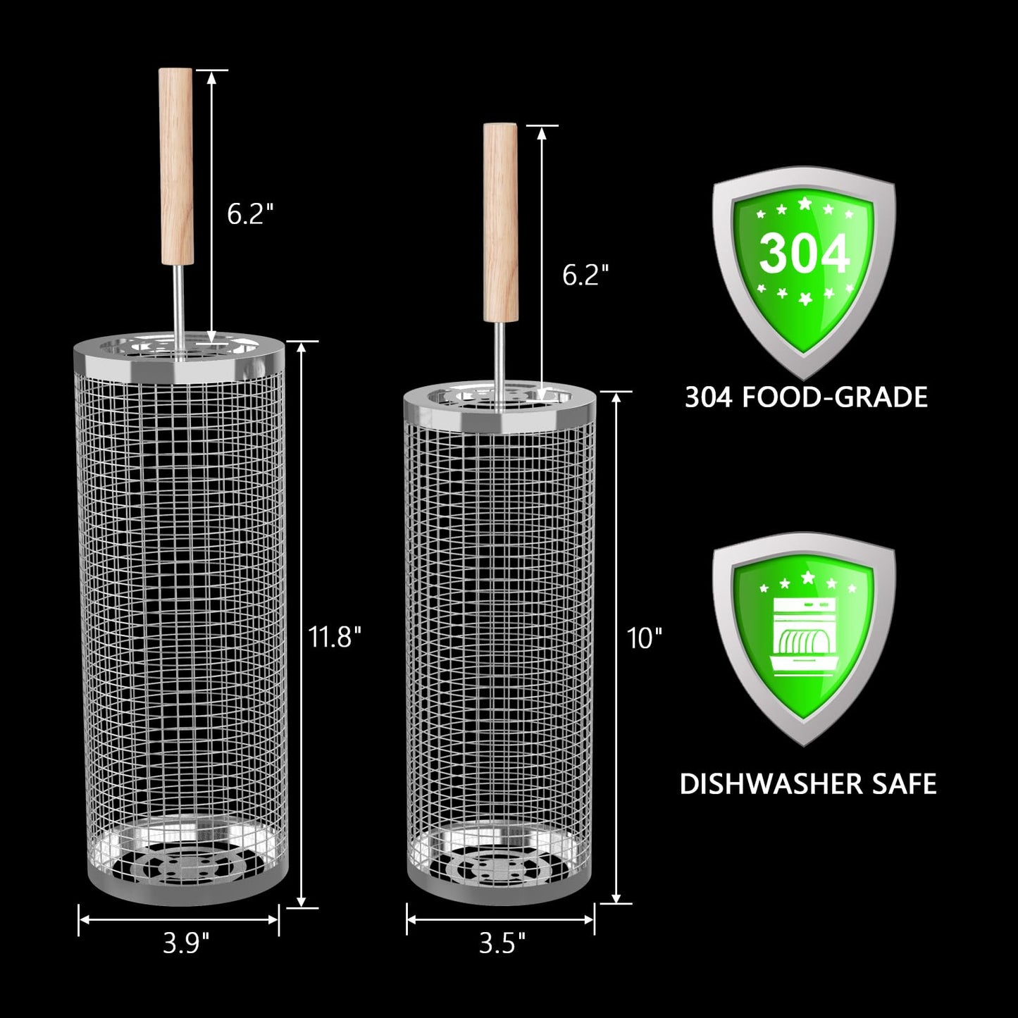 Rolling Grill Basket 2-Pack, Premium 304 Stainless Steel, Removable Wooden Handles, Upgrade Rolling Grill Baskets for Outdoor Grill, BBQ Grill Accessories for Outdoor Grill, Outdoor Gifts for men