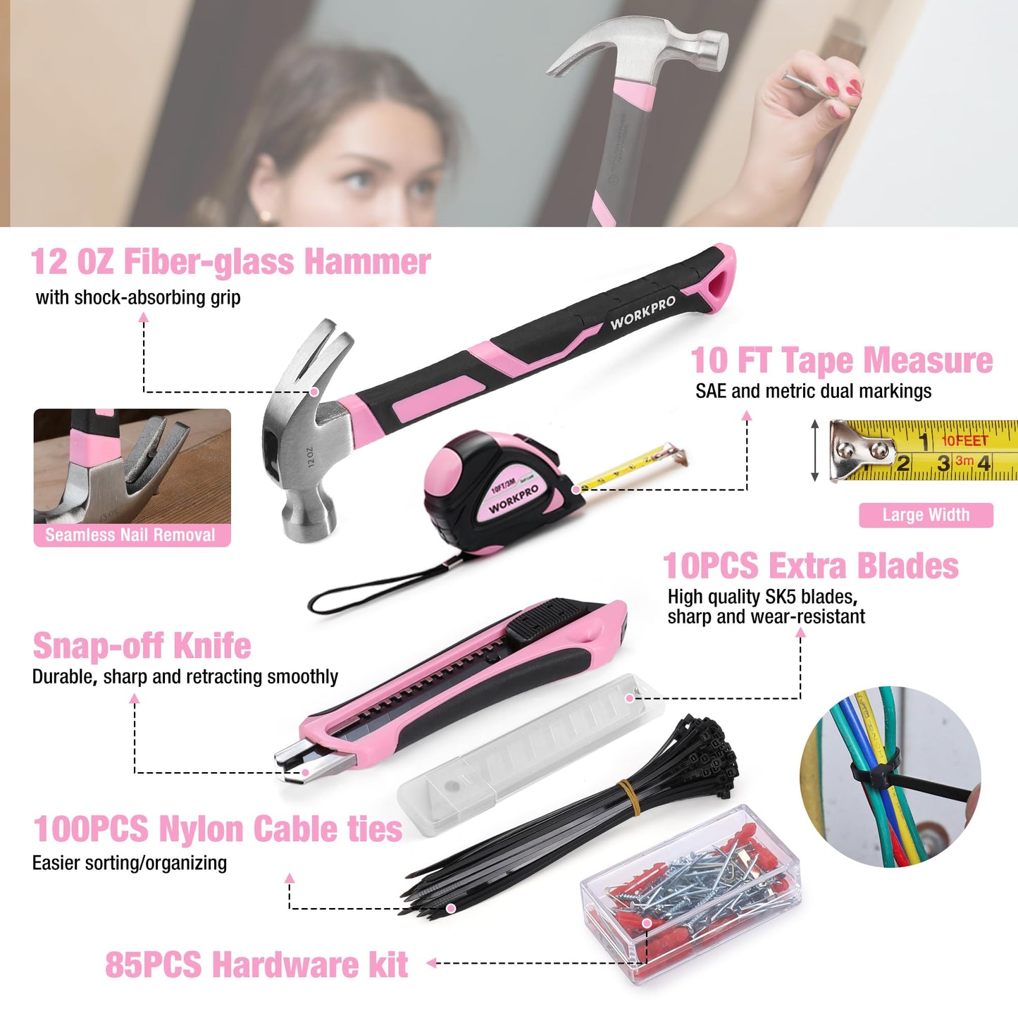 WORKPRO Pink Tool Set, 284 PCS Tool Kit for Women, Basic Household Pink Tool Box with Sockets, Pliers, Ratchet Handle, Portable Toolkit for Home Repair, New Apartment, House-Warming, DIY - Pink Ribbon