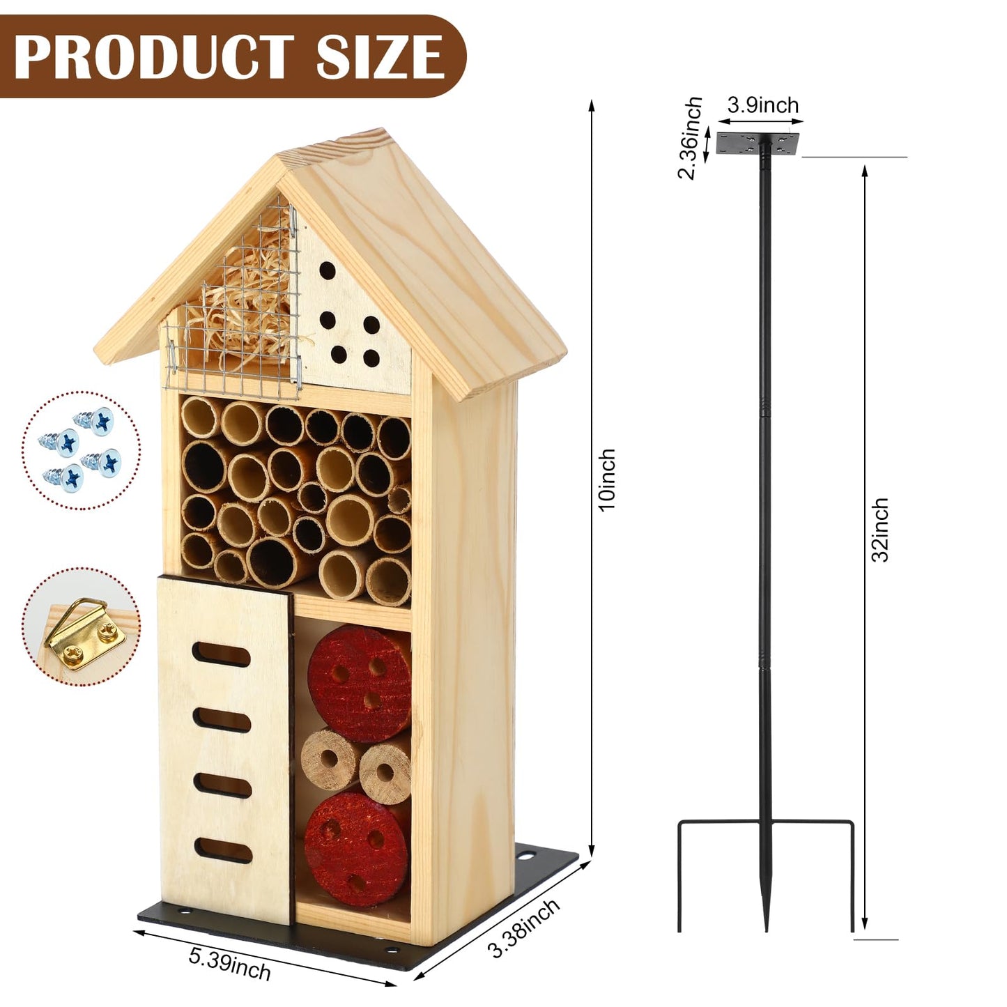 Novabright Wooden Insect House with Metal Stake Insect Hotel Bee House Natural Bug Habitat for Bee Butterfly Ladybirds Beneficial Bug Outdoor Garden Backyard