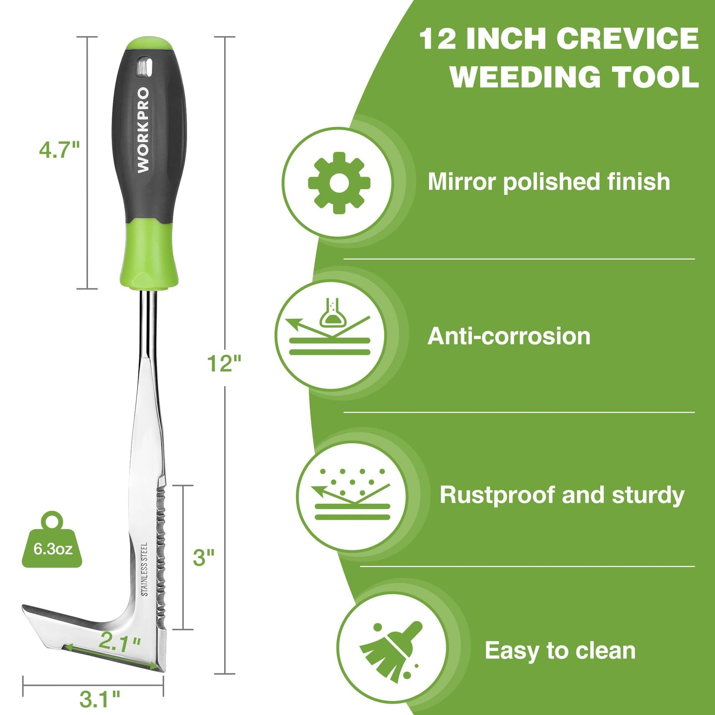 WORKPRO Crack Weeder, 12" Stainless Steel Crevice Weeding Tool with Soft Handle, L-Shaped Side-Walk Weed Puller Spatula, for Garden Lawn Yard Patio Terrace Paving Moss Garden Tool