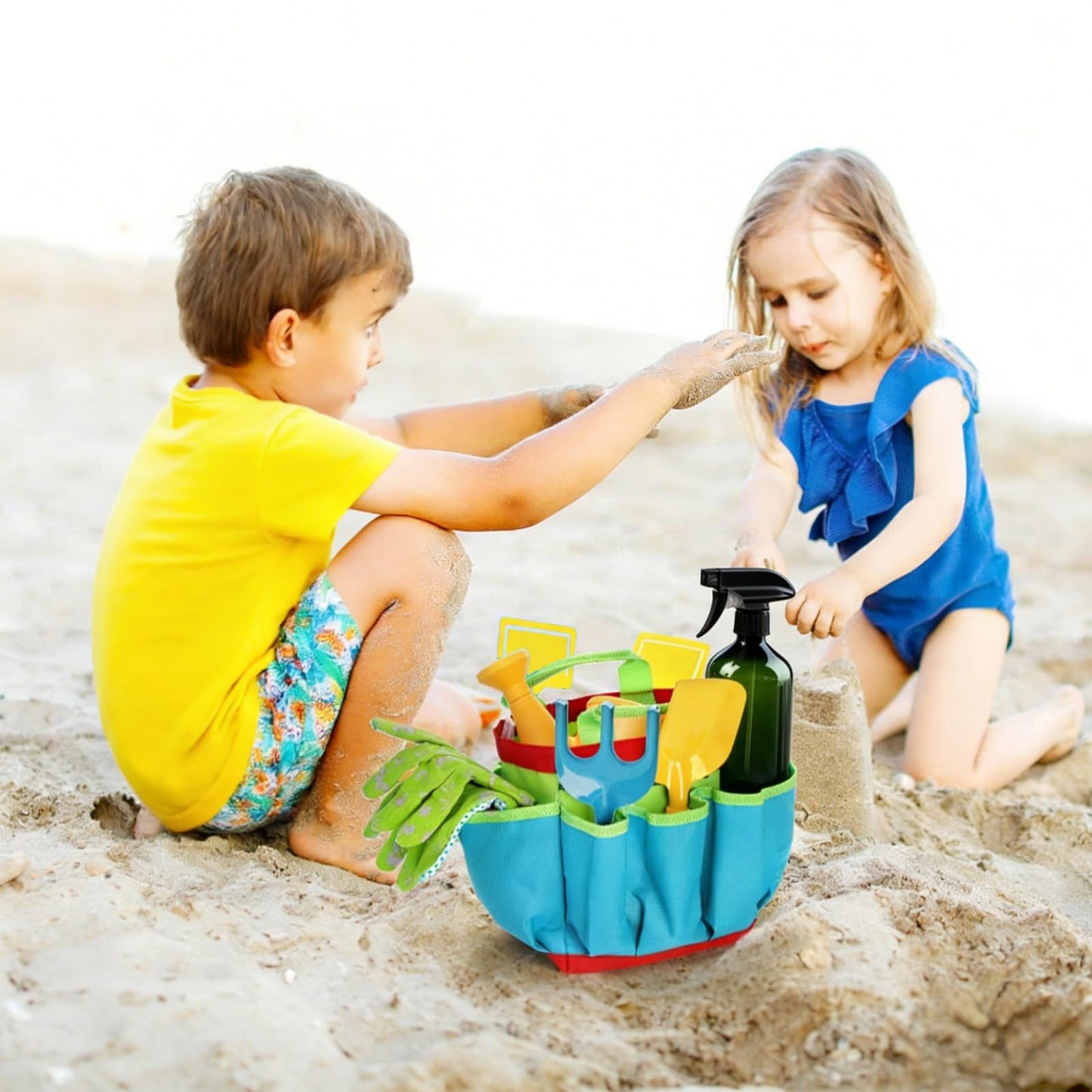 Cididu 8PCS Kids Garden Tools Set, Boys Girls Gardening Kit Tools Including Watering Can, Spray Bottle, Tote Bag, Trowel, Rake, Outdoor Garden Toy Gift for Beach