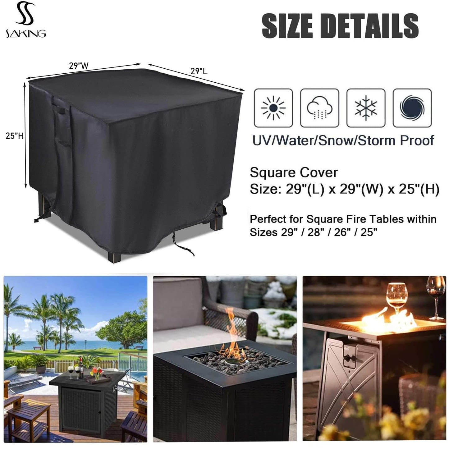 Saking Fire Pit Cover, 28 inch Firepit Covers Square Gas Fireplace Fire Pit Table Cover for Propane Fire Pit- 28 X 28 inch