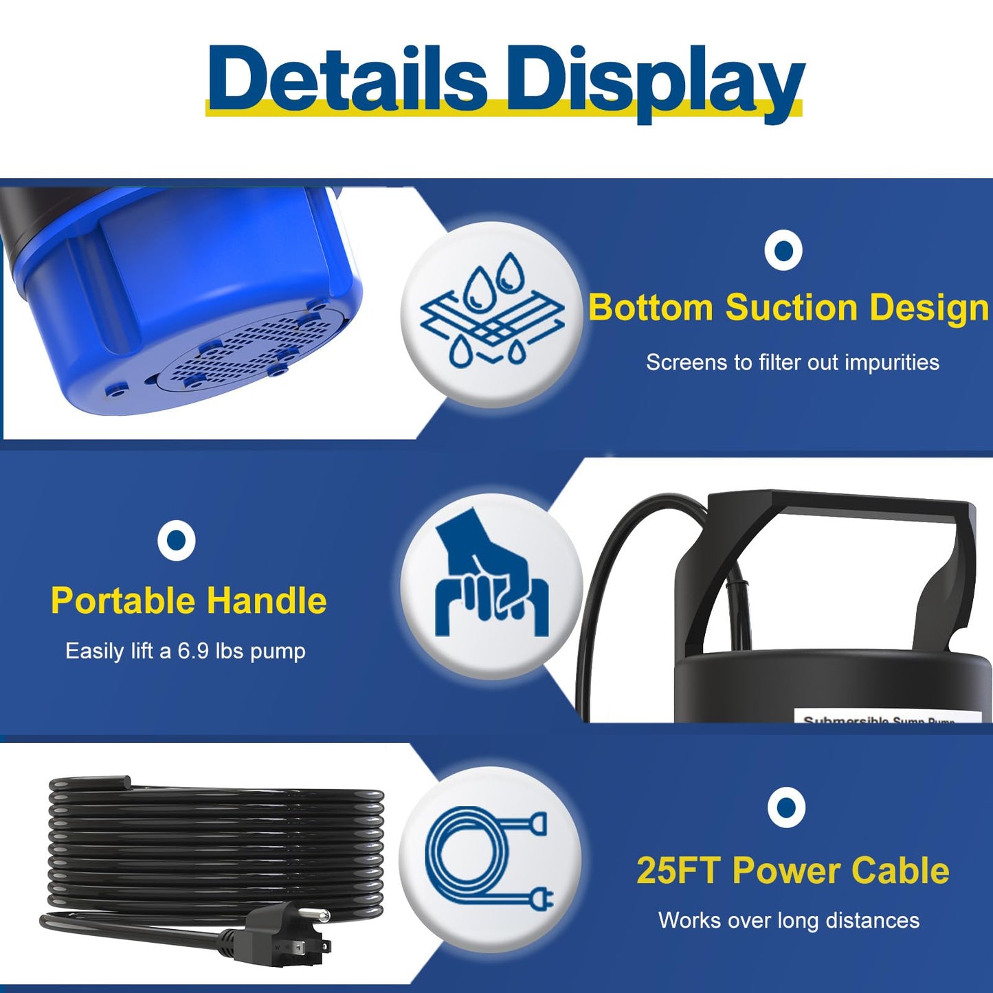 AgiiMan 1/2HP Submersible Water Pump, 2200GPH Portable Sump Pump for Pool Draining, Pool Cover Pump with 25FT Power Cord for Basements, Pool, Fountains, Hot Tub, Garden, SkyBlue