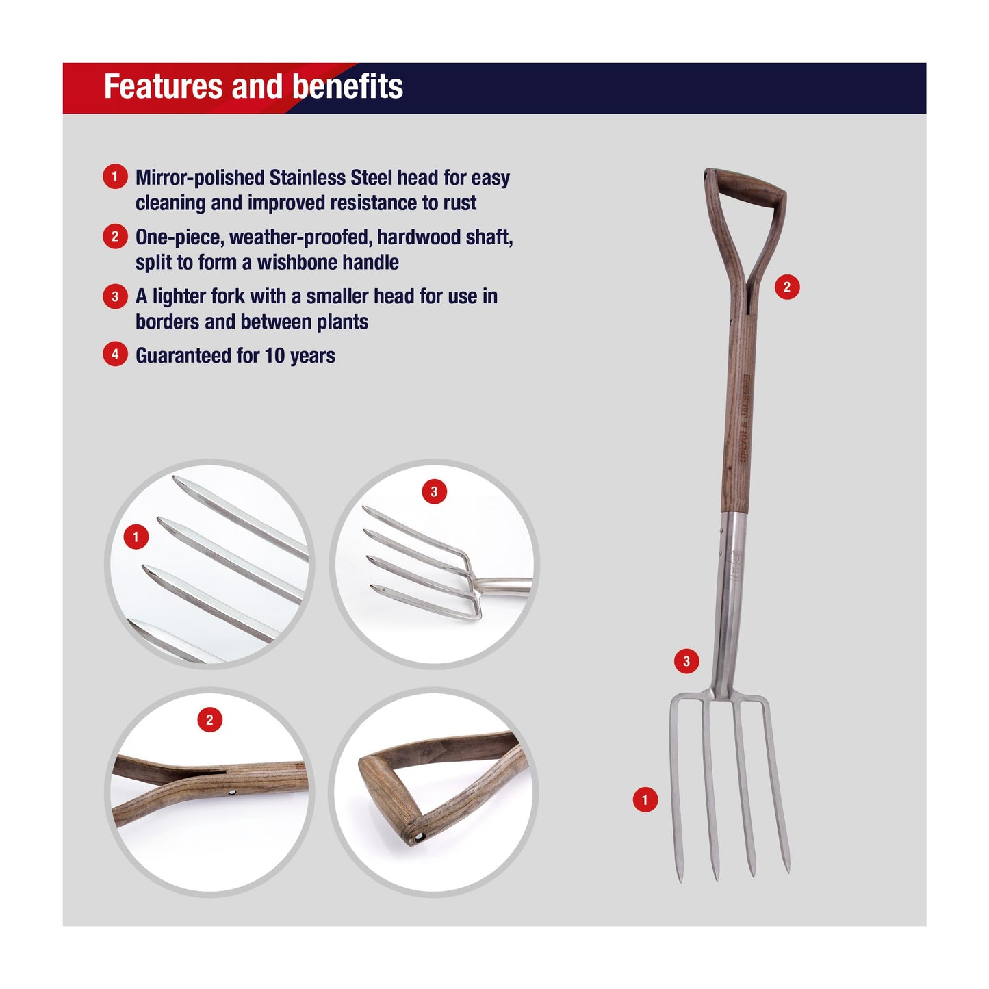 Spear & Jackson Traditional Stainless Steel Border Fork, Durable Heavy Duty Garden Tool, Ideal for Aerating Weeding and Digging, Comfortable Wooden Handle