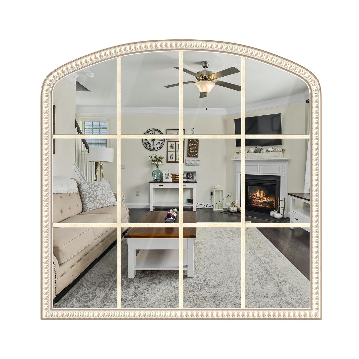 HOITUZYUS 36x36 Inch Wooden Wide Arched Mirrors for Wall with Window Girds, Large Farmhouse Decorative Mirror for Living Room, Entryway, Hallway, Fireplace, Bathroom