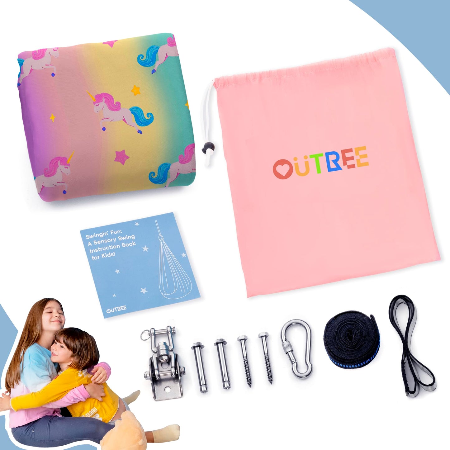 OUTREE Sensory Swing for Kids, Double Layer Therapy Hammock, Indoor Swing with 360° Swivel Hanger Kit and Adjustable Straps, Autism Sensory Product for Autism, ADHD (Unicorn Printed)