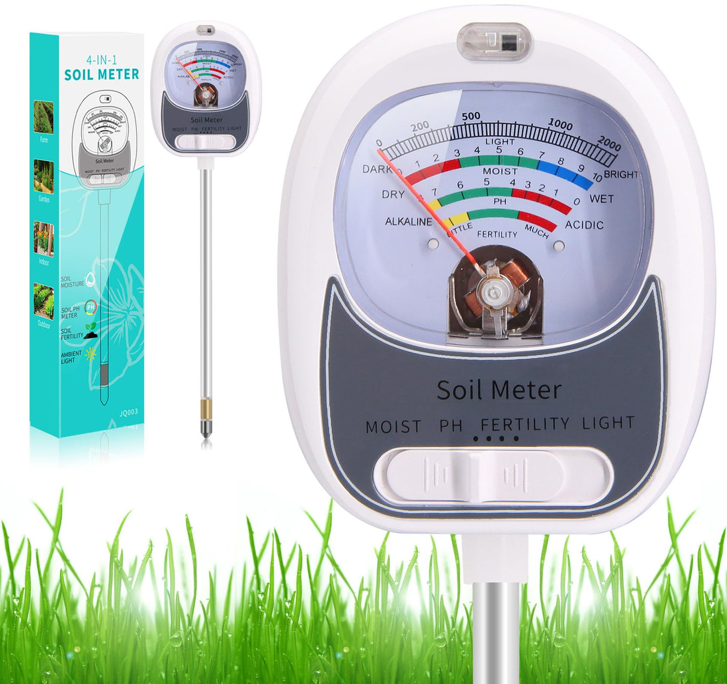 HSLGOVE 4-in-1 Soil Test Kit – Soil Moisture Meter, pH, Fertility & Sun-Light, No Battery Required, Large Dial Soil Tester for Indoor & Outdoor Gardening, Lawn, Farm –Pearl White