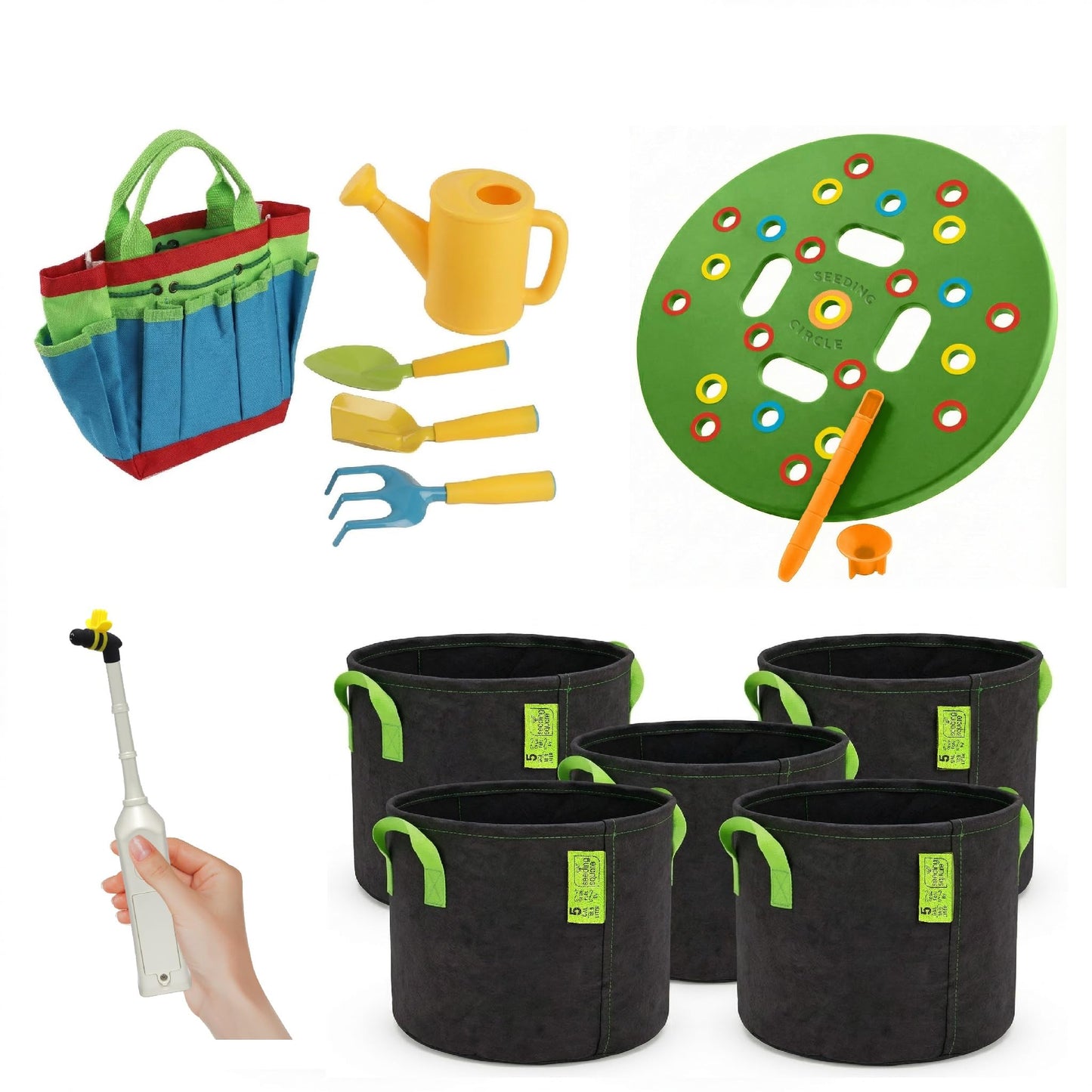 Kids Gardening Tool Set + 5 Gallon Grow Bags + Seeding Circle + Hand Pollinator Bundle – Complete Kids Garden Kit for Planting, Growing & Learning