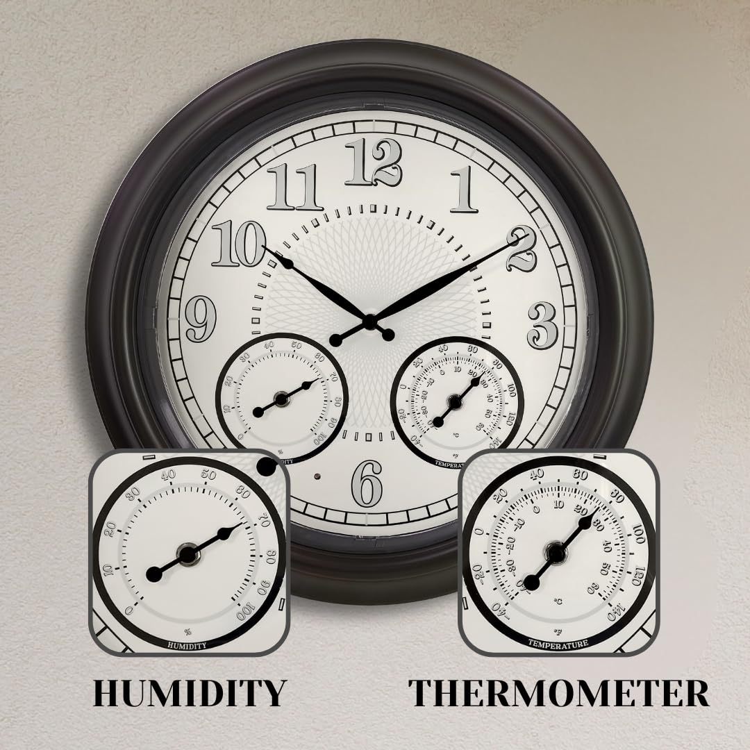Illuminated Large Outdoor Clock - 18 inch Indoor Outdoor Night Light Wall Clock with Smart LED Sensor, Temperature and Humidity Combo - Weatherproof & Easy to Read for Pool, Patio & Home Decor