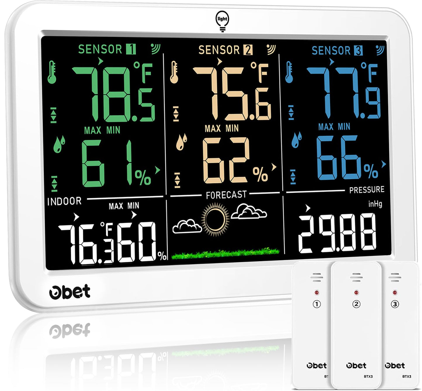 OBET Weather Station Wireless Indoor Outdoor Thermometer with 3 Sensors, Temperature Humidity Monitor with Alerts 500ft Range and 3 Adjustable Brightness White
