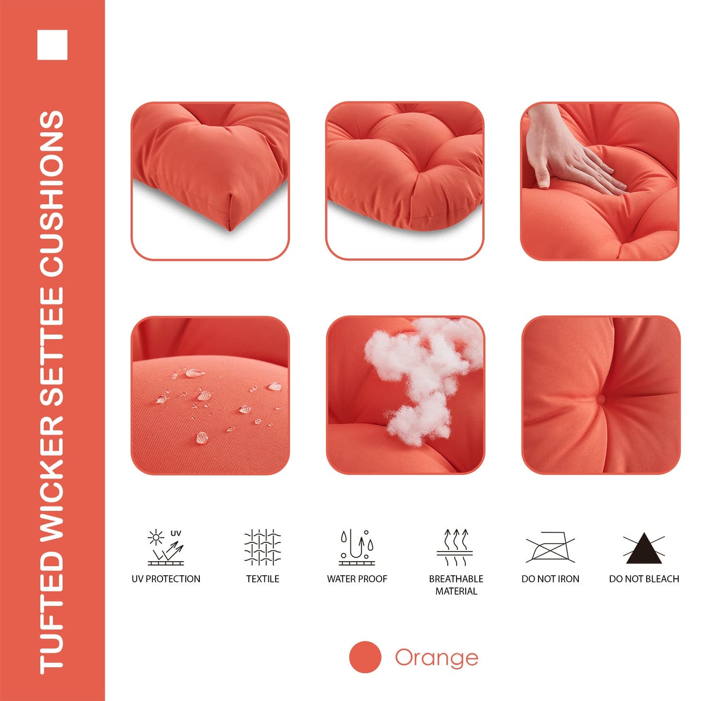 YOOZEKU Outdoor/Indoor All Weather Tufted Wicker Chair Cushions of 3 Pieces, 1 Loveseat and 2 U-Shape Waterproof Cushions for Patio Furniture,Wicker Loveseat,Bench-Orange