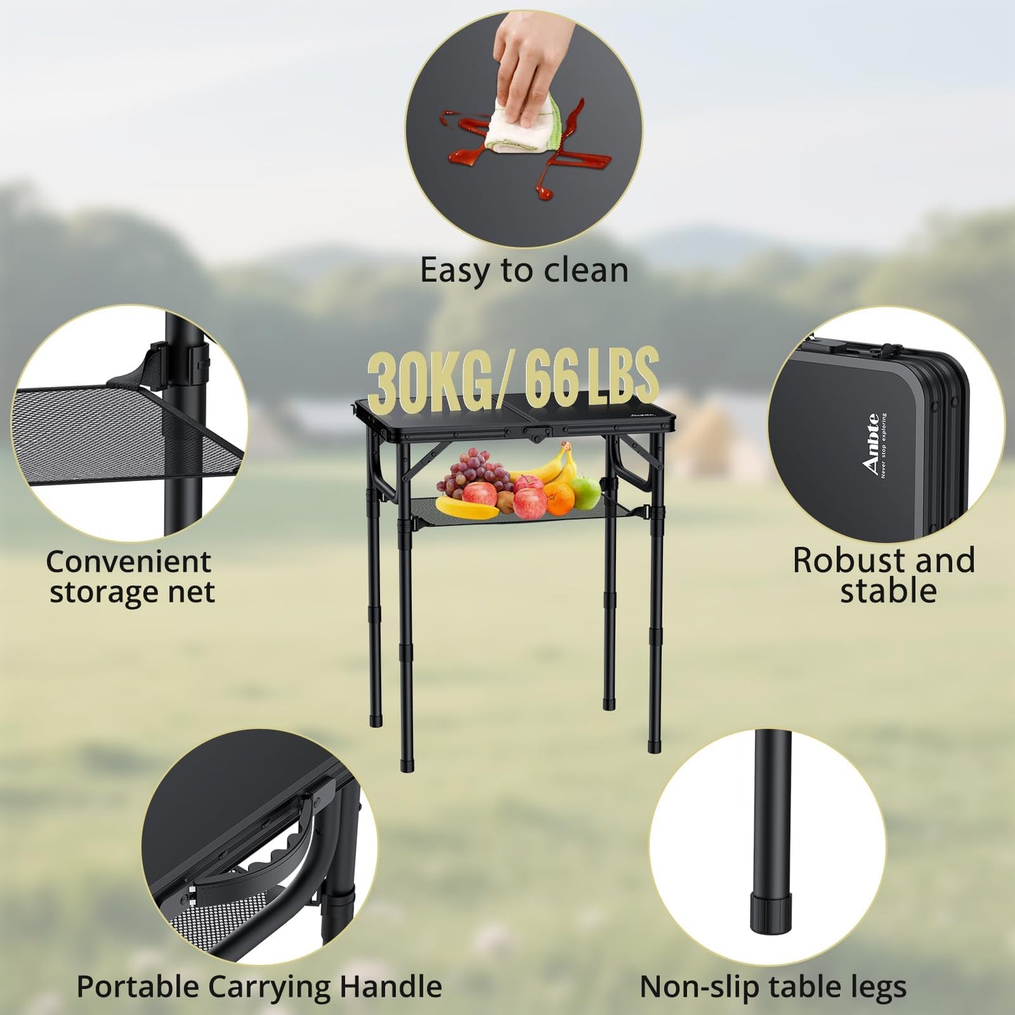 Anbte Folding Camping Table with Storage Net, Pure Black Aluminum 2ft Picnic Table 23.2" x 16" Outdoor Table Adjustable Height Max 27.5", Lightweight, Waterproof, Portable Handle for Travel Cooking