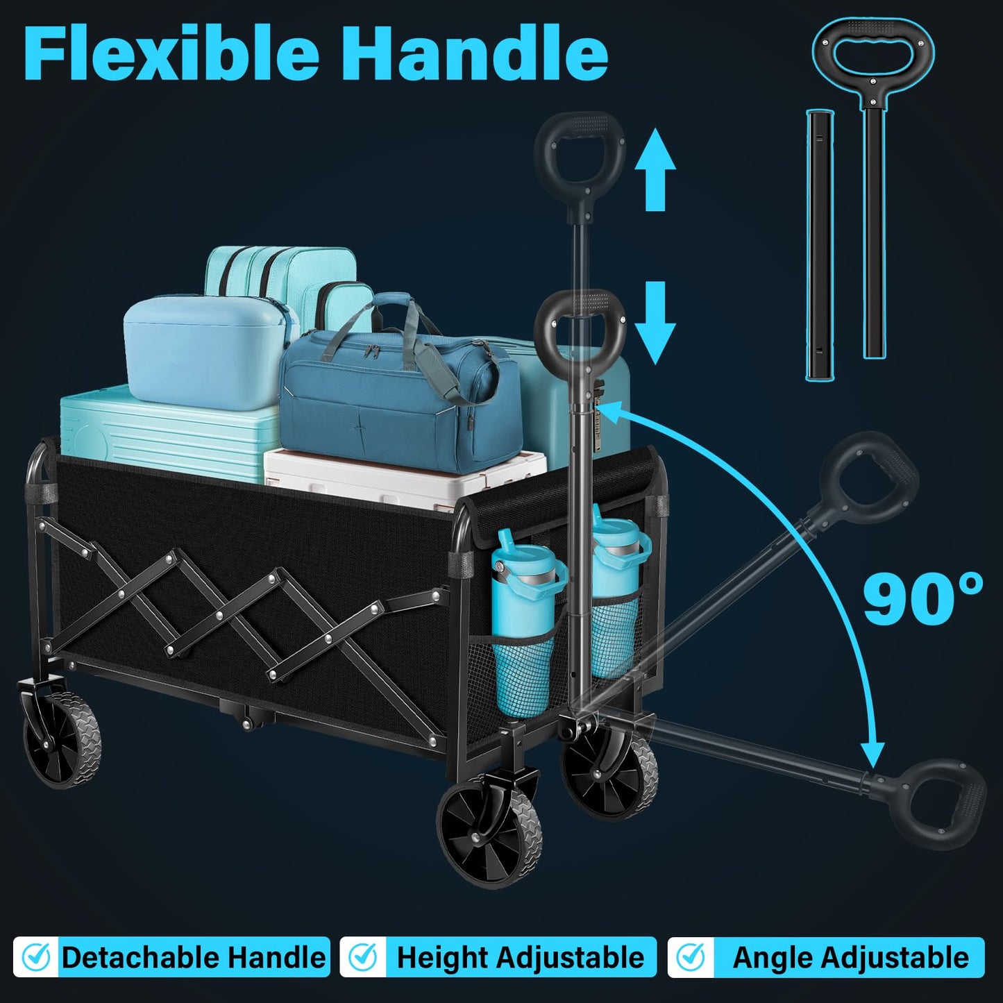 Collapsible Wagon Cart with Wheels Foldable: 360LBS Heavy Duty Folding Utility Wagon - Portable All Terrain Grocery Wagon Cart for Groceries Shopping Outdoor Camping Fishing Sports (Dark Black)