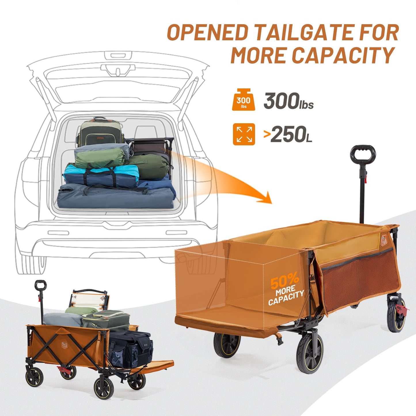 Timber Ridge 49" Extra Long Collapsible Folding Wagon with Tailgate and Brakes, 250L Capacity All-Terrain Wagon Carts Foldable, 300lbs Portable Cart for Dog, Garden, Outdoor Camping Sports, Orange