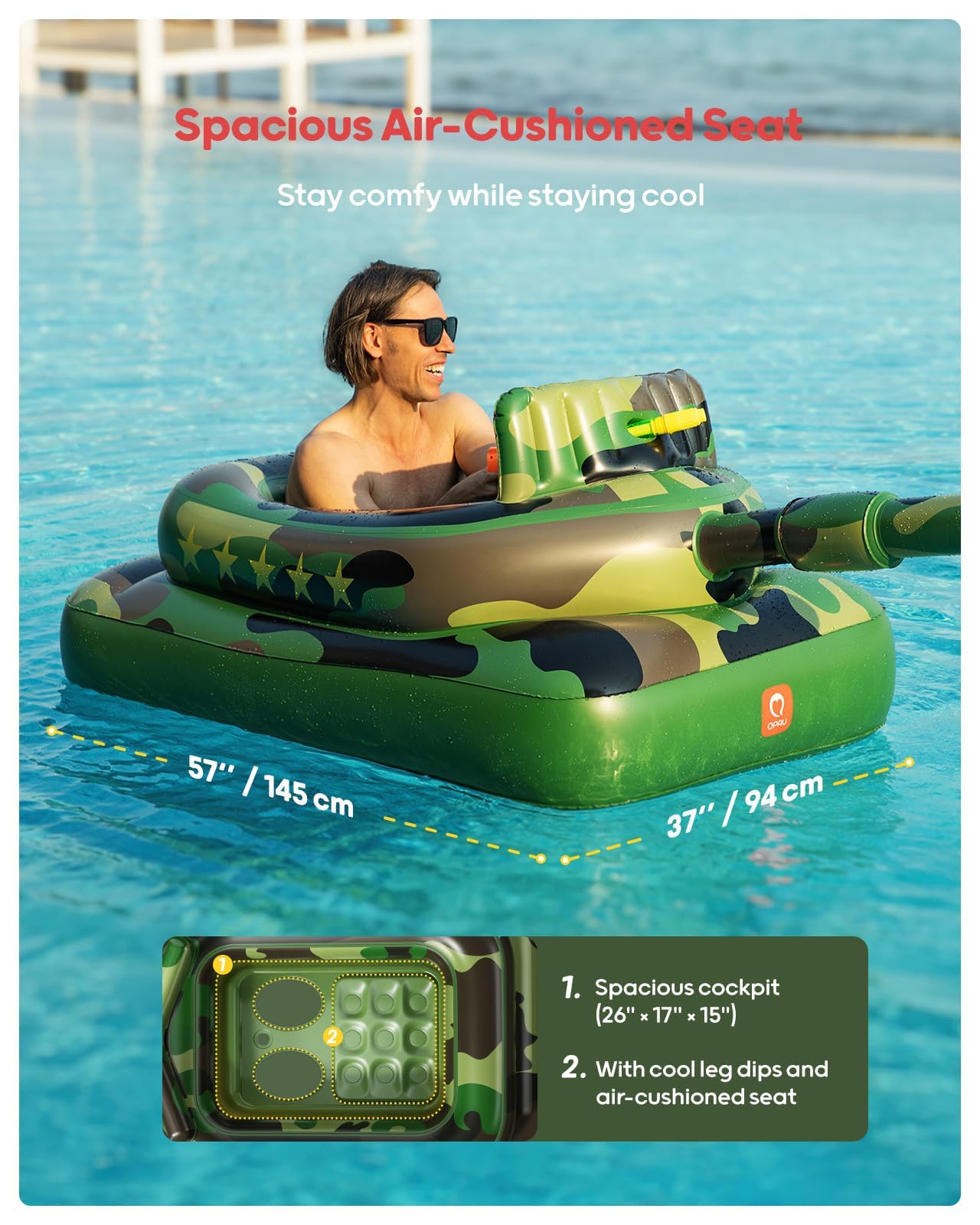 QPAU Inflatable Tank Pool Float for Adults & Kids – Ride-On Camouflage Floaty with Water Cannon, Swim Raft Toy for Boys Girls Ages 6+, Lake Beach Backyard Party Floaties, Green