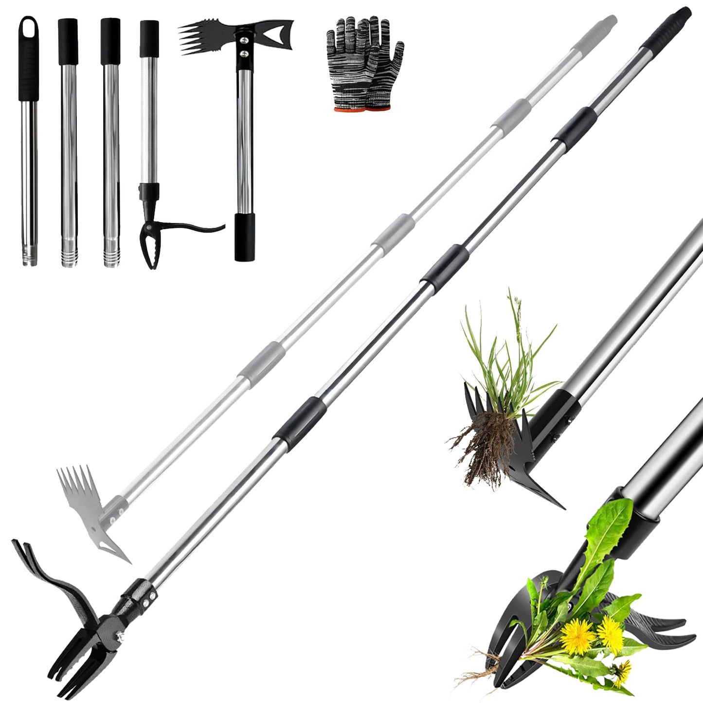 HWLANTU Stand Up Weed Puller Tool with 58" Adjustable Long Handle, 2 in 1 Heavy Duty Manual Weeder & Garden Hoe, 4-Claw Steel Head Weed Remover with Gloves for Yard Lawn Patio Flower Bed