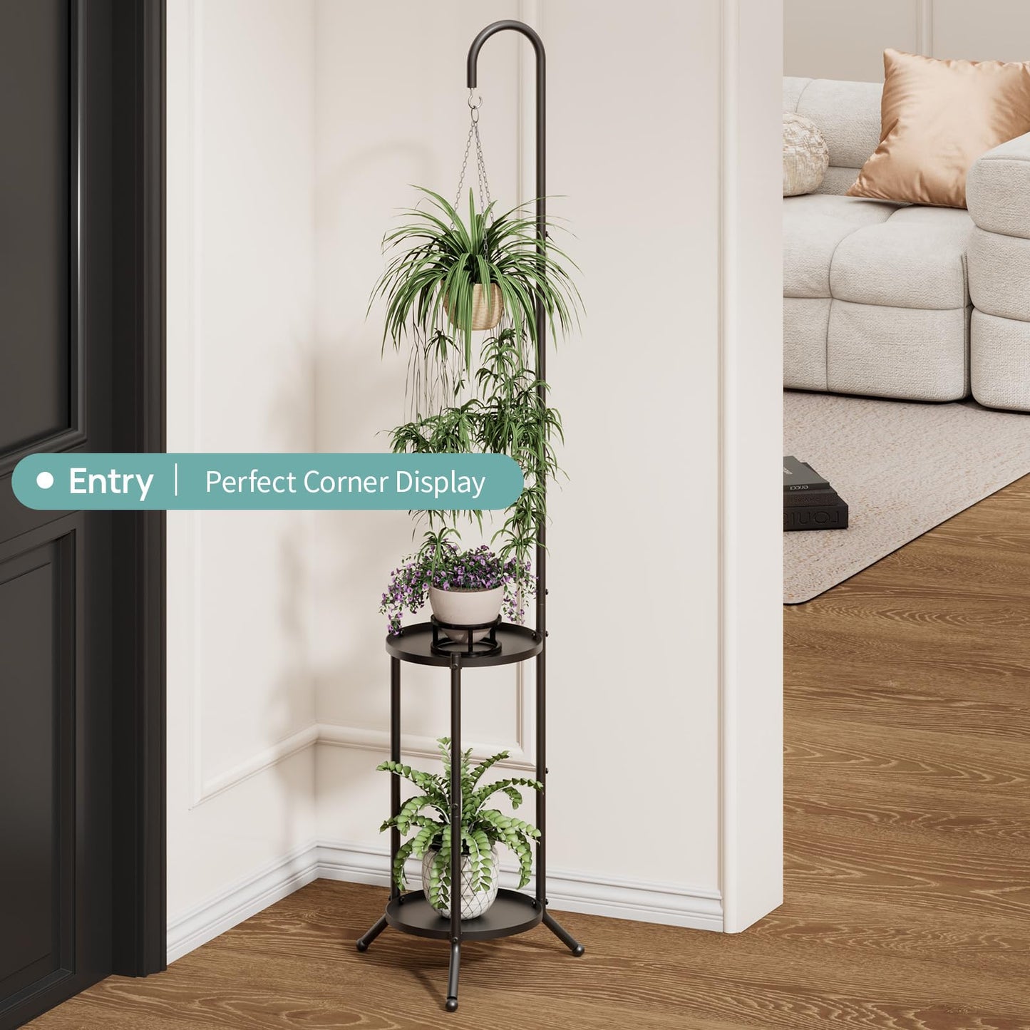 2-Tier Hanging Plant Stand, Black Heavy Duty Metal Planter Rack - Space Saving Indoor/Outdoor Shelves with 41" Hanging Space - Display Multiple Flower Pots, Tall Iron Plant Organizer for Living Room, Patio & Garden