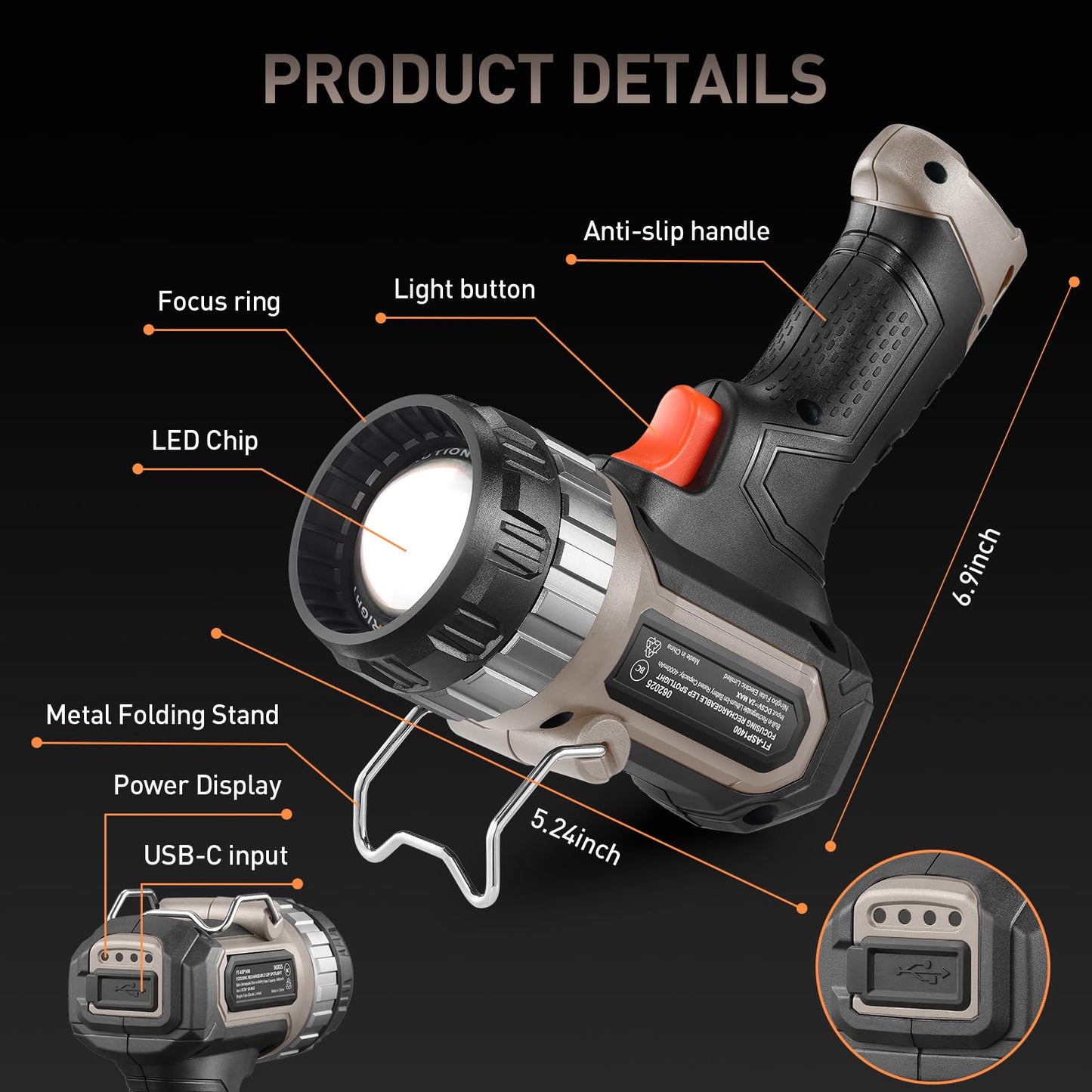 FORTO Compact Rechargeable Spotlight with Adjustable Focus, Handheld Spot Light with Stand, 823m Range, 3 Light Modes and LED Spot Lights Outdoor for Boating Hunting Camping Hiking