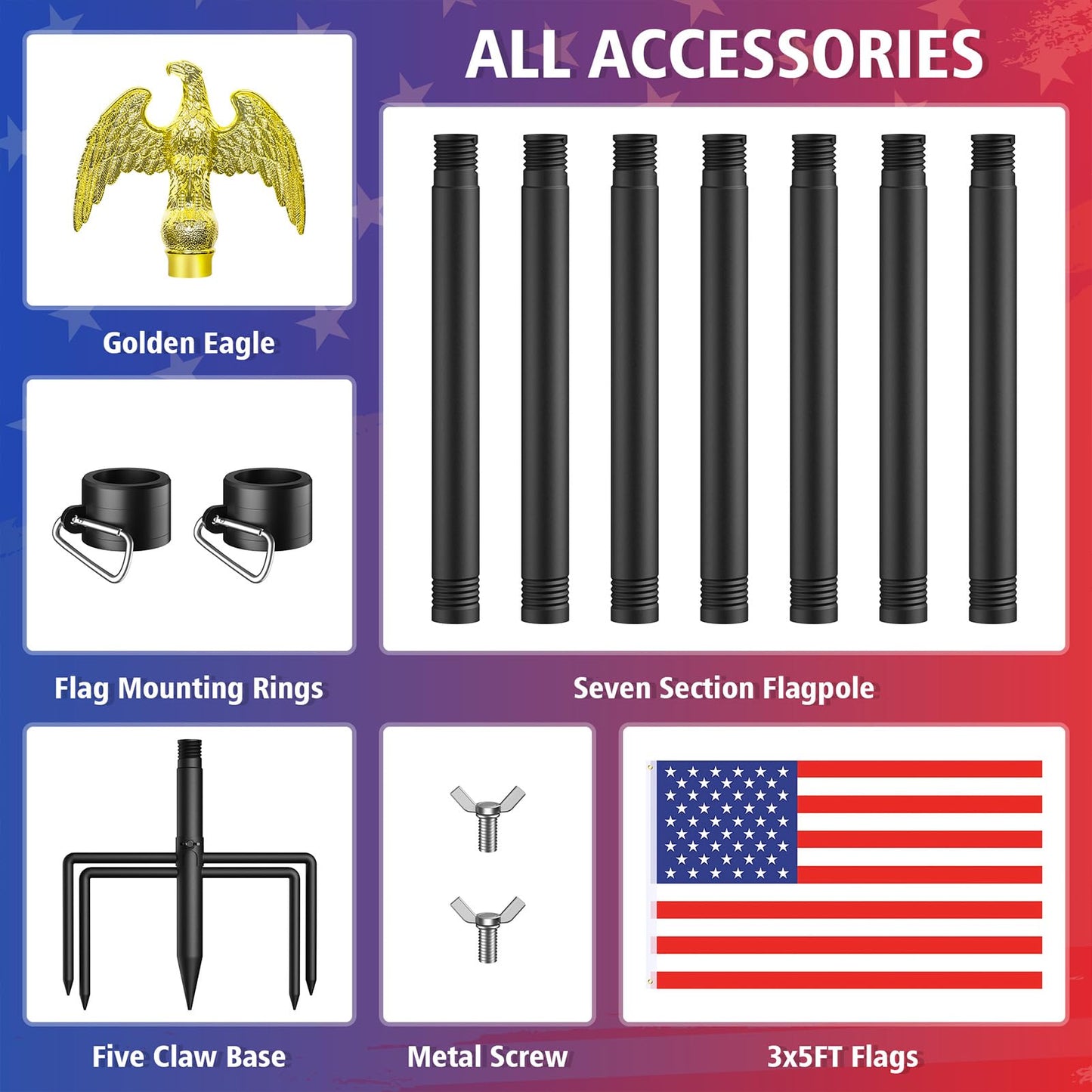 Flag Pole for Outside House, Outdoor Black Heavy Duty 10 FT Flag Pole Kit, for Residential or Commerical, Tangle Free Flagpole (Include American 3 X 5 Flag, 5 Pronges Base, Eagle Shaped Head)