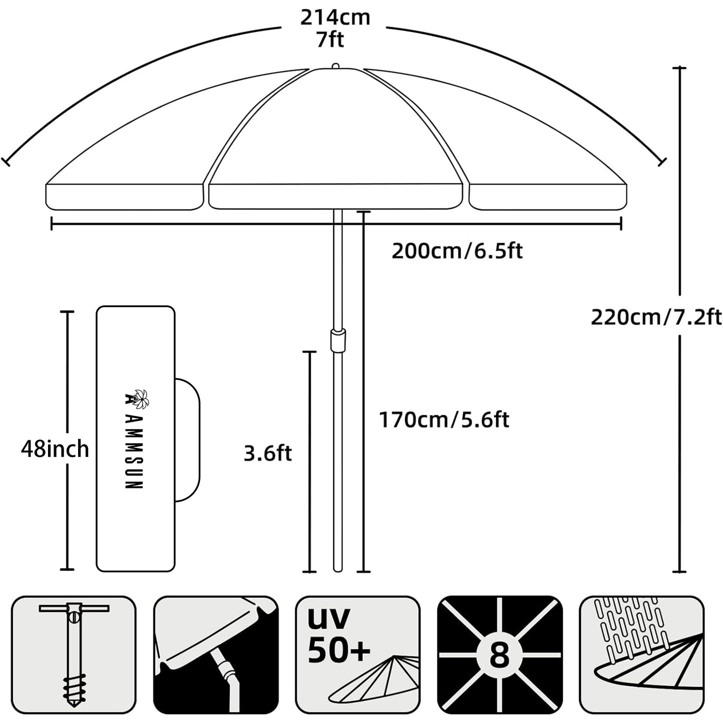 AMMSUN 7ft Heavy Duty High Wind Beach Umbrella Parasols with Sand Anchor Vent Tilt UPF 50+ Sun Protection Portable Outdoor Sunshade Umbrellas Carry Bag for Patio Garden Pool Backyard Blue