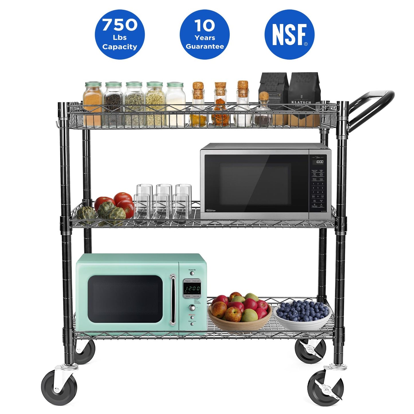 WDT Heavy Duty 3 Tier Utility Cart,Wire Rolling Cart with Wheels, Commercial Grade Service Cart with Shelving Liners and Handle Bar Metal Carts for Kitchen Office Hardware