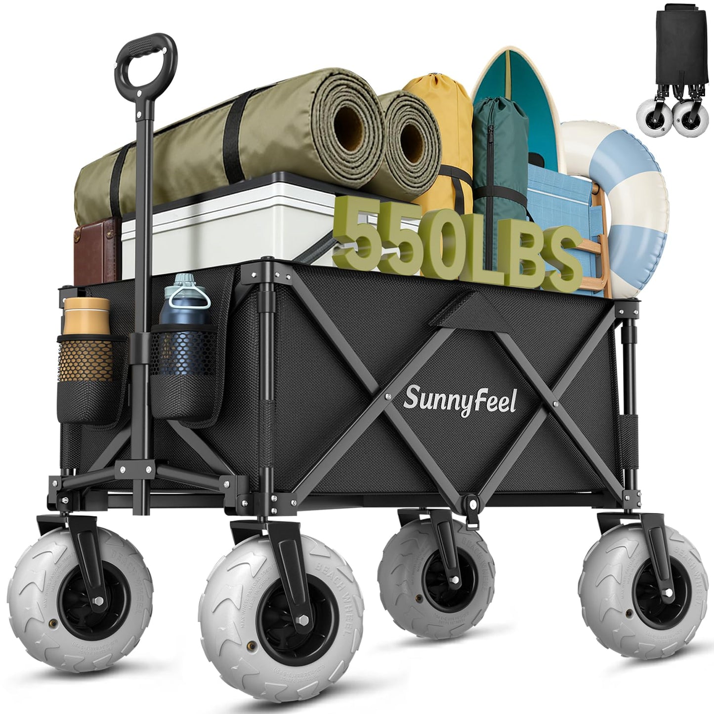 SUNNYFEEL 41" L Beach Wagon with Big Wheels for Sand - 550lbs Heavy Duty Folding Beach Wagon - All Terrain Steel Frame with 9" Pneumatic Tires for Beach,Camping,Sports,Garden (Black)