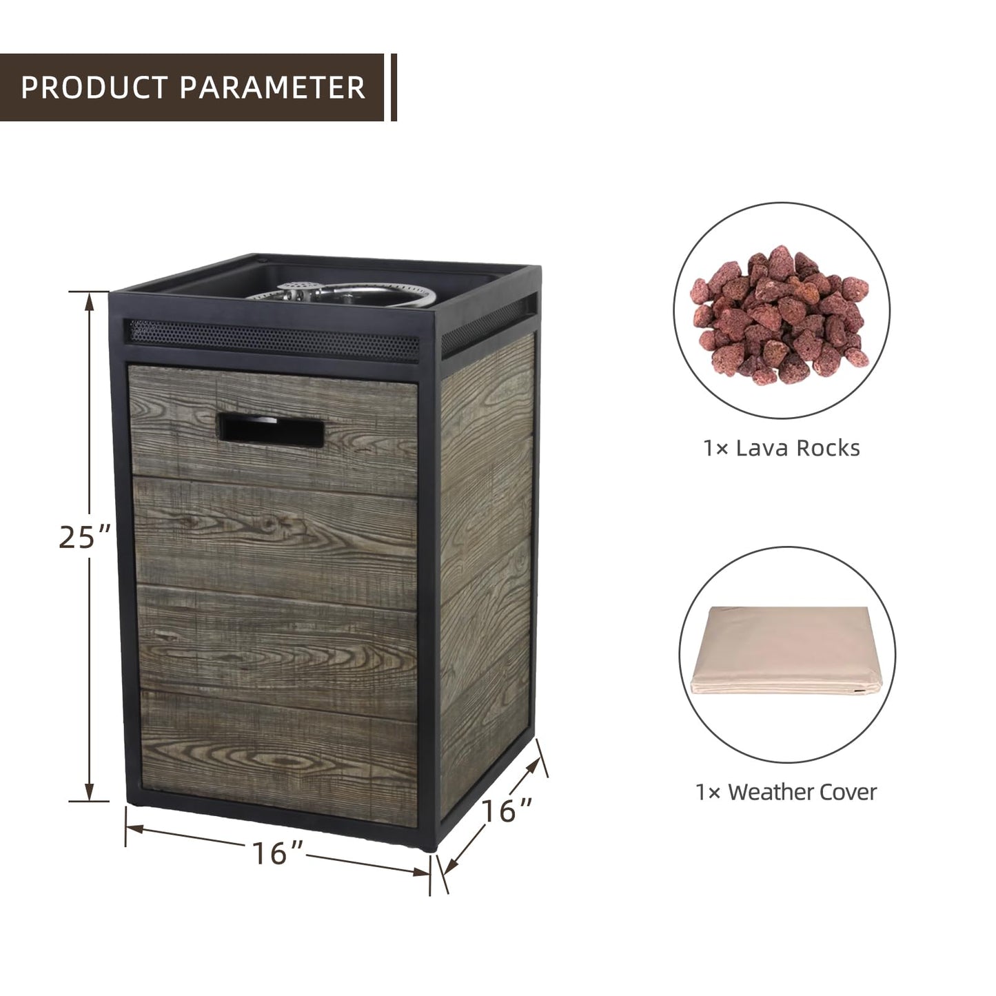 Afterglow Terrafab Grey Panels with Steel Frame 16" Square 40,000 Btu Propane Fire Column Outdoor Wood Effect Fire Pit for Outdoor Patio Garden Backyard Decking Decor CSA Certificated
