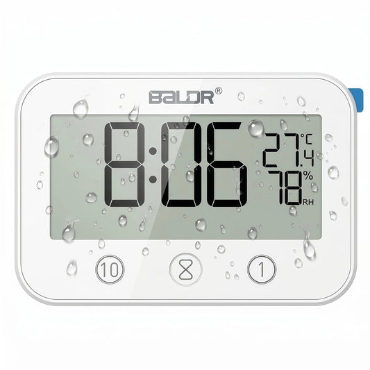 LXSZRPH Digital LCD Waterproof Timer Shower Clock, Waterproof for Water Spray, Bathroom Clock Wall Mount, Two Suction Cup, Displays Time, Temperature, and Indoor Relative Humidity (1, White)