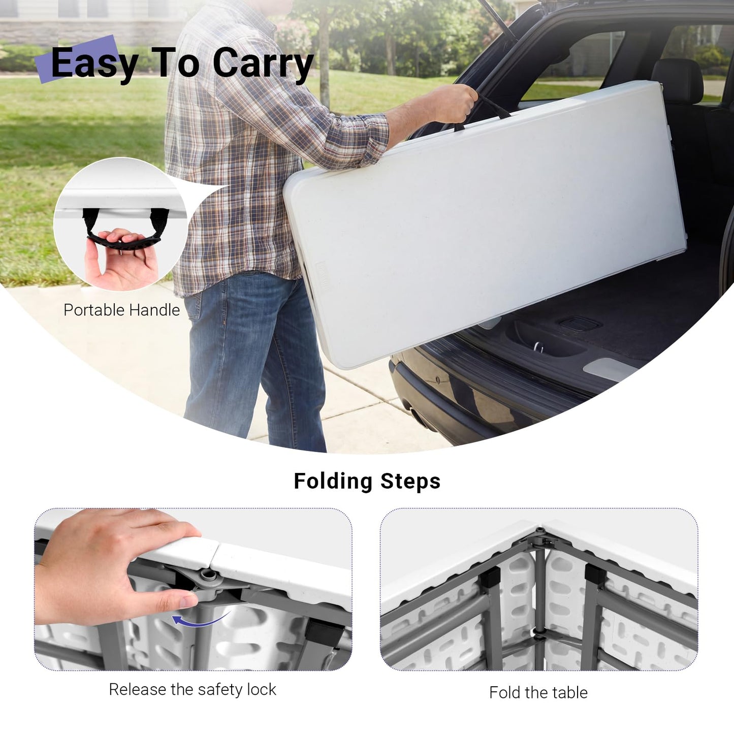 Byliable Folding Table 6FT Narrow Portable Foldable Plastic Heavy Duty Long Table, Fold-in-Half with Carrying Handle for Indoor Outdoor Meeting, Buffet, Party, Wedding, Home Work, 6 Foot, White