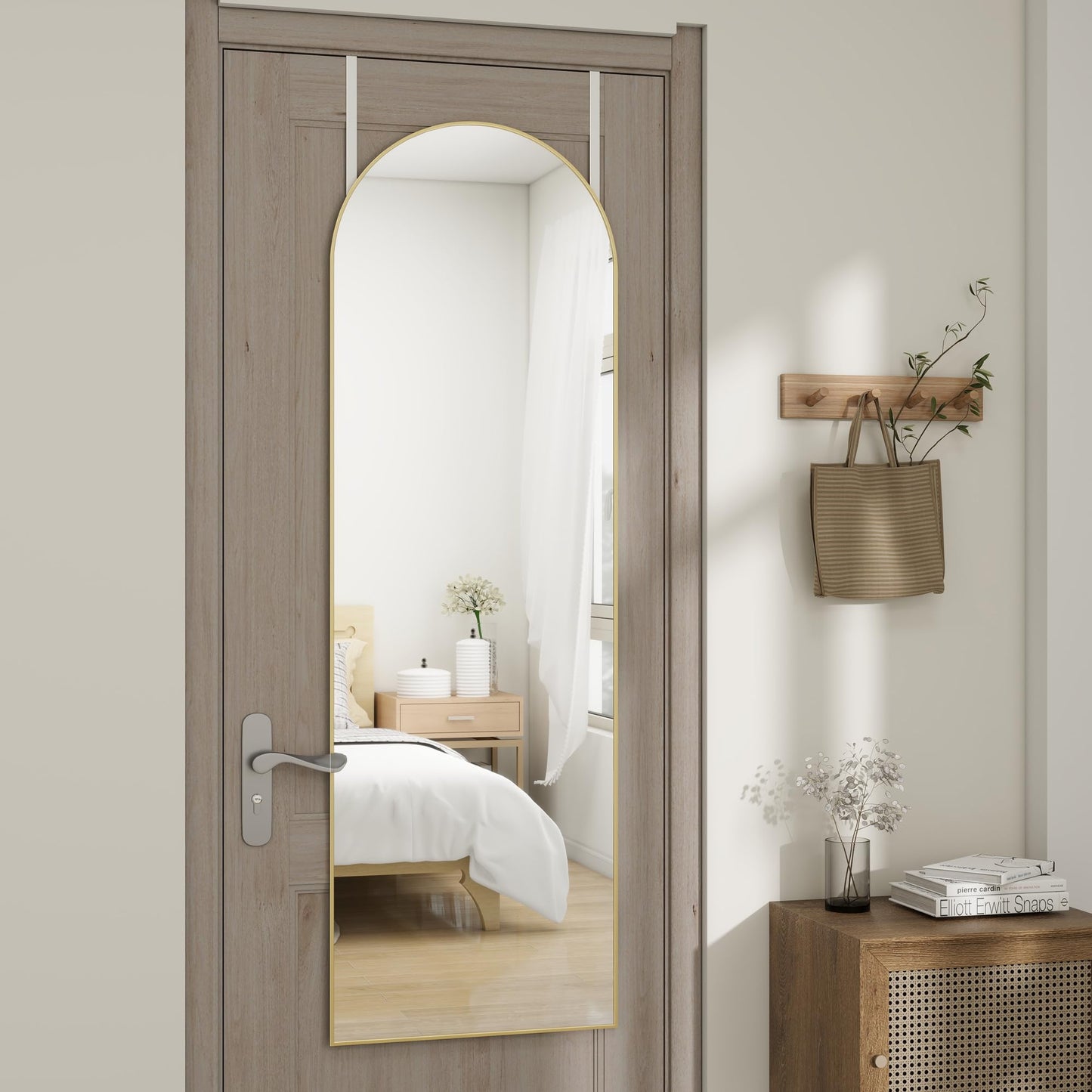 JAWGLOW Arched Full Length Door Mirror 14x48, Metal Frame with Protective Film, No-Drilling Hanging or Wall Mount, Hooks & Hardware Included, Full Body Mirror for Bedroom, Dorm, Gold