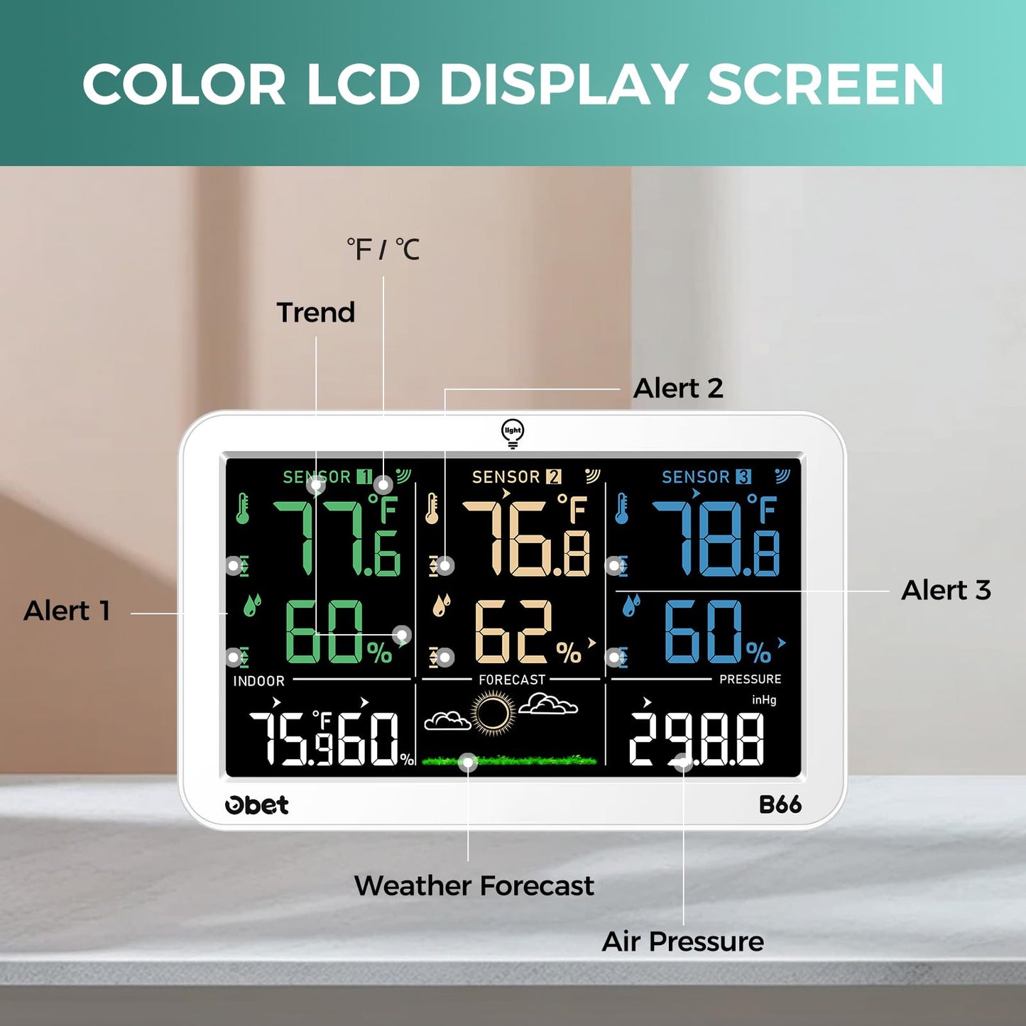OBET Weather Station Wireless Indoor Outdoor Thermometer with 3 Sensors, Temperature Humidity Monitor with Alerts 500ft Range and 3 Adjustable Brightness White