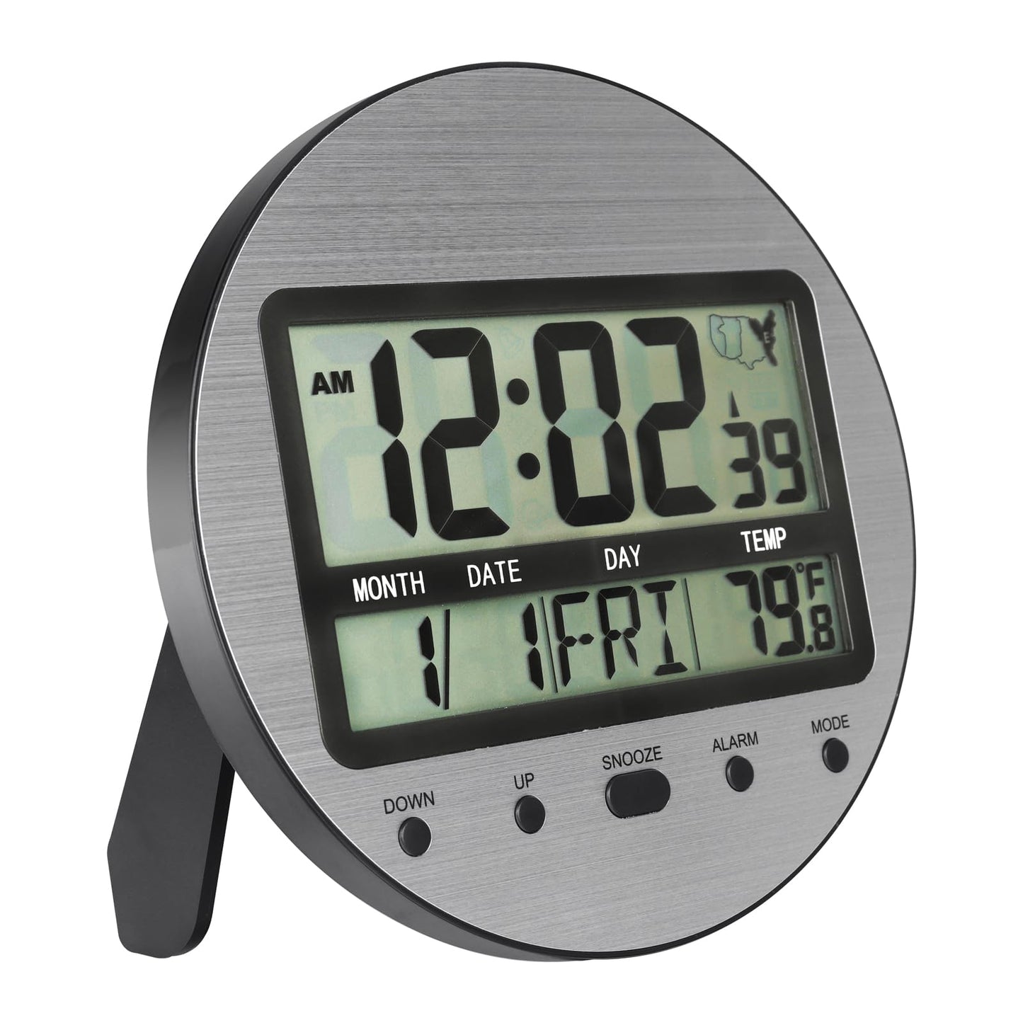 Atomic Digital Wall Clock Battery Operated, Self-Setting, Large Display with Temperature, Date, Day of The Week, Seconds, Round Wall Mount Digital Clock - 4 Time Zones, DST, Aluminum Metal Dial