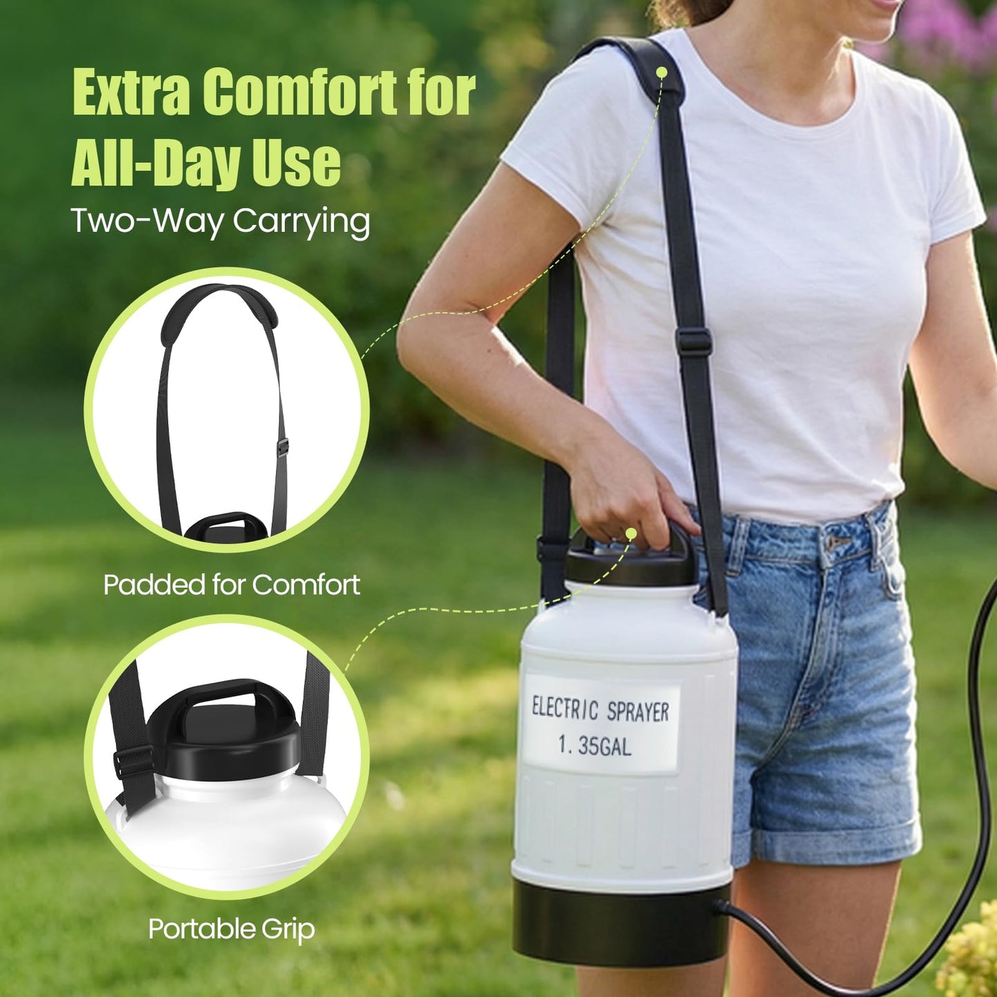 Battery Powered Electric Sprayer 1.35 Gallon Garden Pump Sprayer, Retractable Wand, 3 Mist Nozzles, USB Rechargeable Handle & Adjustable Shoulder Strap for Yard Lawn Planting