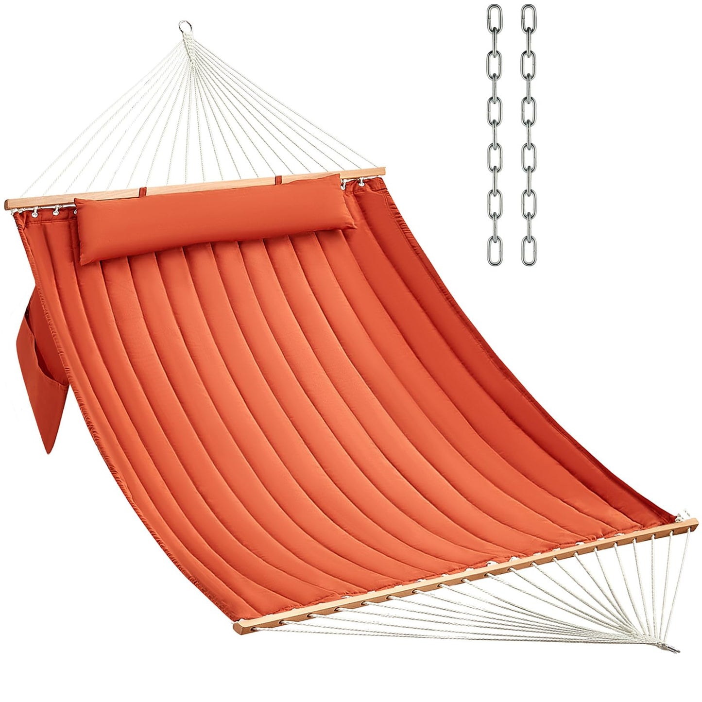 CHULIM Double Quilted Fabric Hammock with Hardwood Spreader Bars and Pillow 450 LBS Capacity 2 Person Large Hammock for Outdoor Patio Backyard Poolside - Terracotta