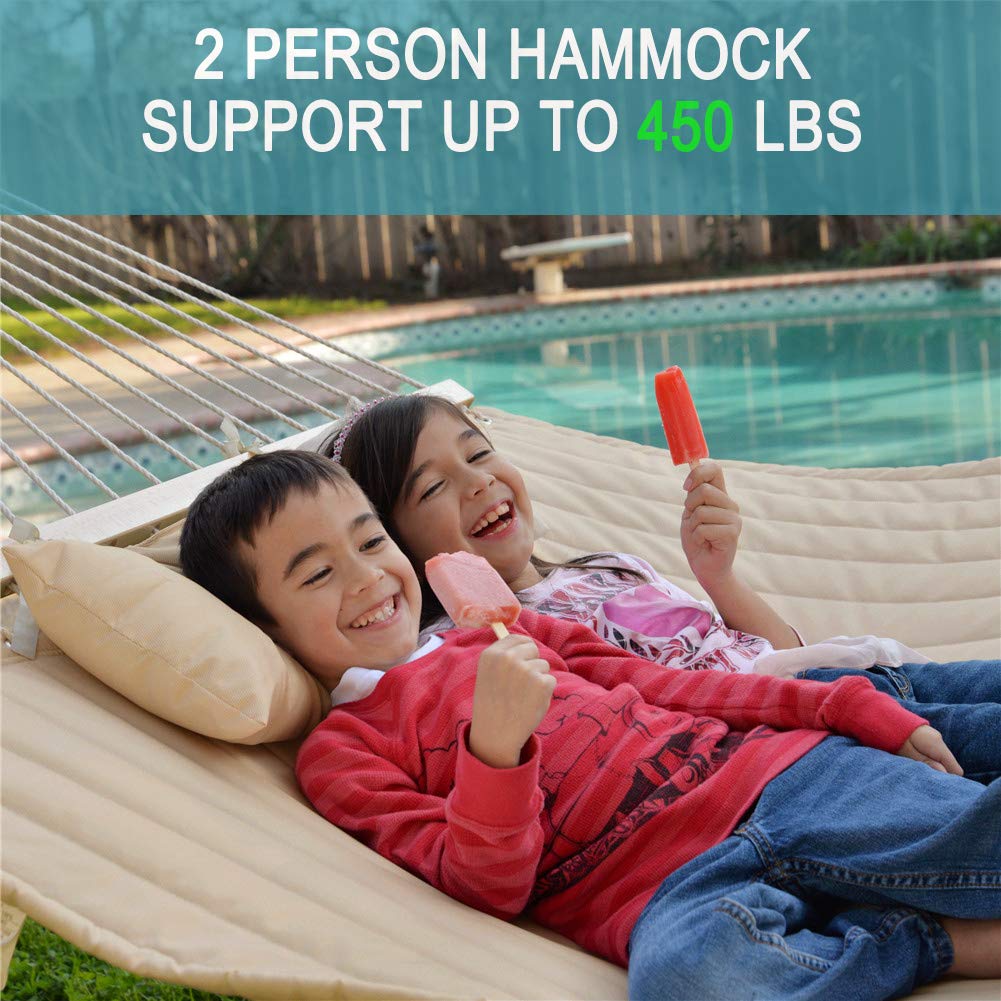 Lazy Daze Hammocks 12FT Quilted Fabric Double Hammock with Spreader Bars and Detachable Pillow, 2 Person Hammock for Outdoor Outside Patio Garden Yard Pool Beach (Linen)
