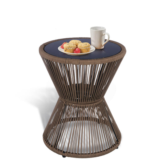 SUNNYPARK Outdoor Side Table 20'' H Small End Tables Woven Rope Weather Resistant with Glass Top Round Coffee Table for Indoor Balcony Patio Poolside (Brown)