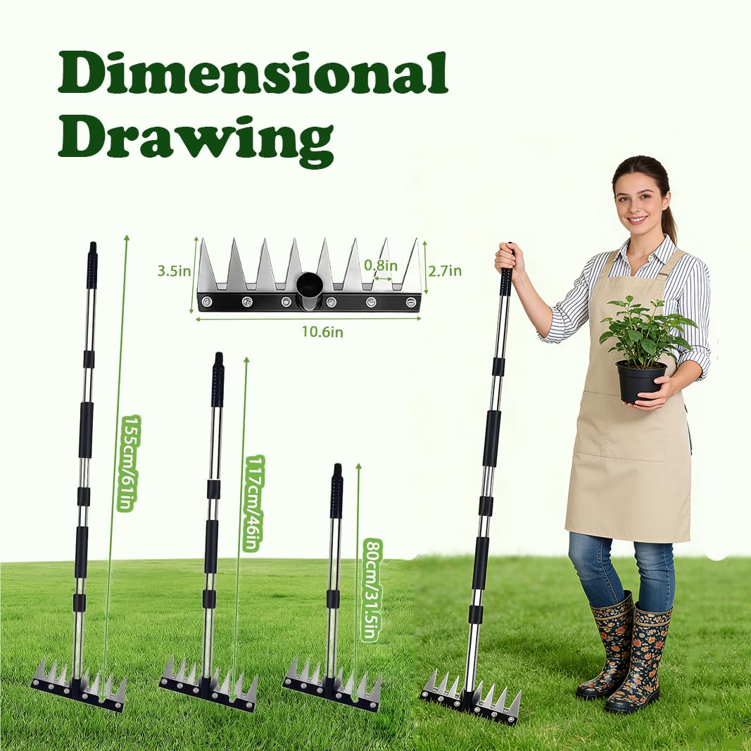 SXIDPDA Stainless Steel Weeding Tool, Thickened Version 8 Tines Weeder Rake, Weed Puller Tool with Long Handle, for Removing Weeds, Loosening Soil, Cleaning Flower Beds, Pine Needles & Lawn Prep