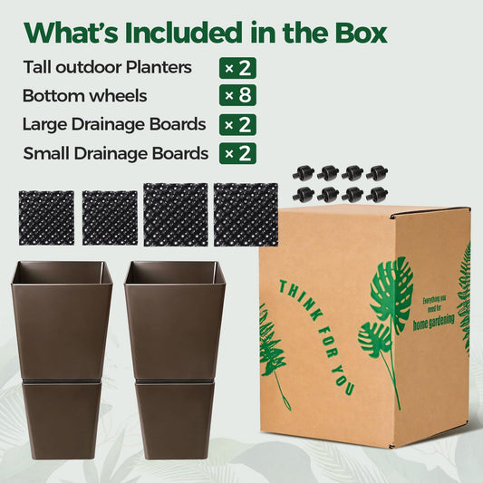 T4U Tall Planter for Outdoor Plants, 24.8 Inch Outdoor Planters for Porch Set of 2, Large Planter for Indoor & Outdoor Plants with Wheels Drainage Plug, Front Porch, Patio, for Home Decor (Dark Brown)