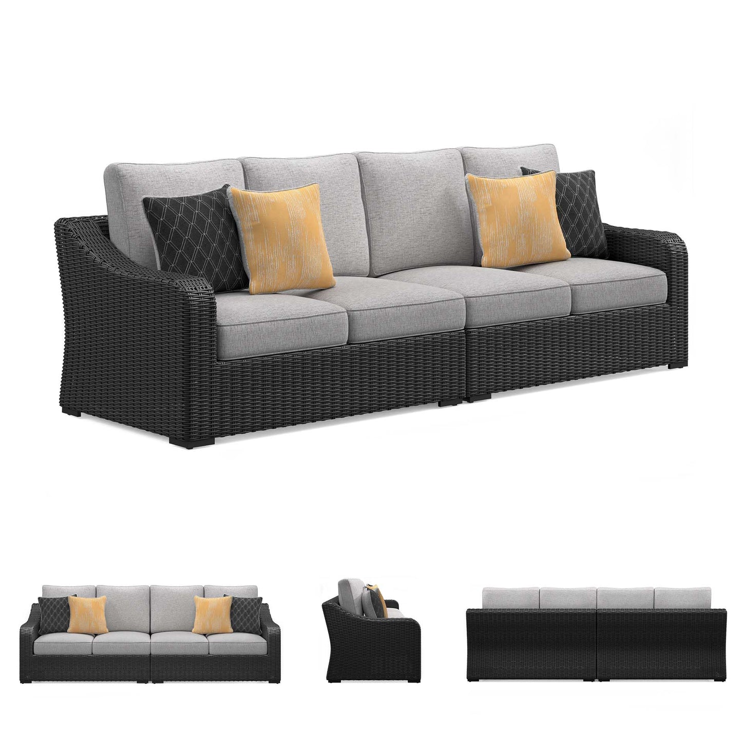Signature Design by Ashley Beachcroft Casual Nuvella Weather Resistant Fabric 2-Piece Outdoor/Indoor Loveseat with Cushion and 4 Toss Pillows, Black & Light Gray