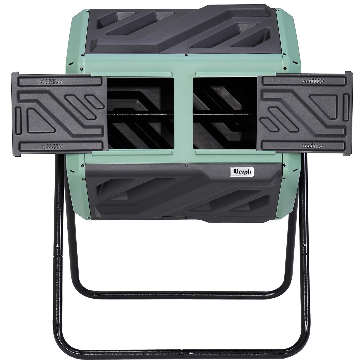 Werph Updated 43 Gallon Dual-Chamber Compost Bin, Fast Assembly Rotating Outdoor Compost Tumbler, Batch Composter with Gloves for Garden, Kitchen, and Yard Waste, Green & Black